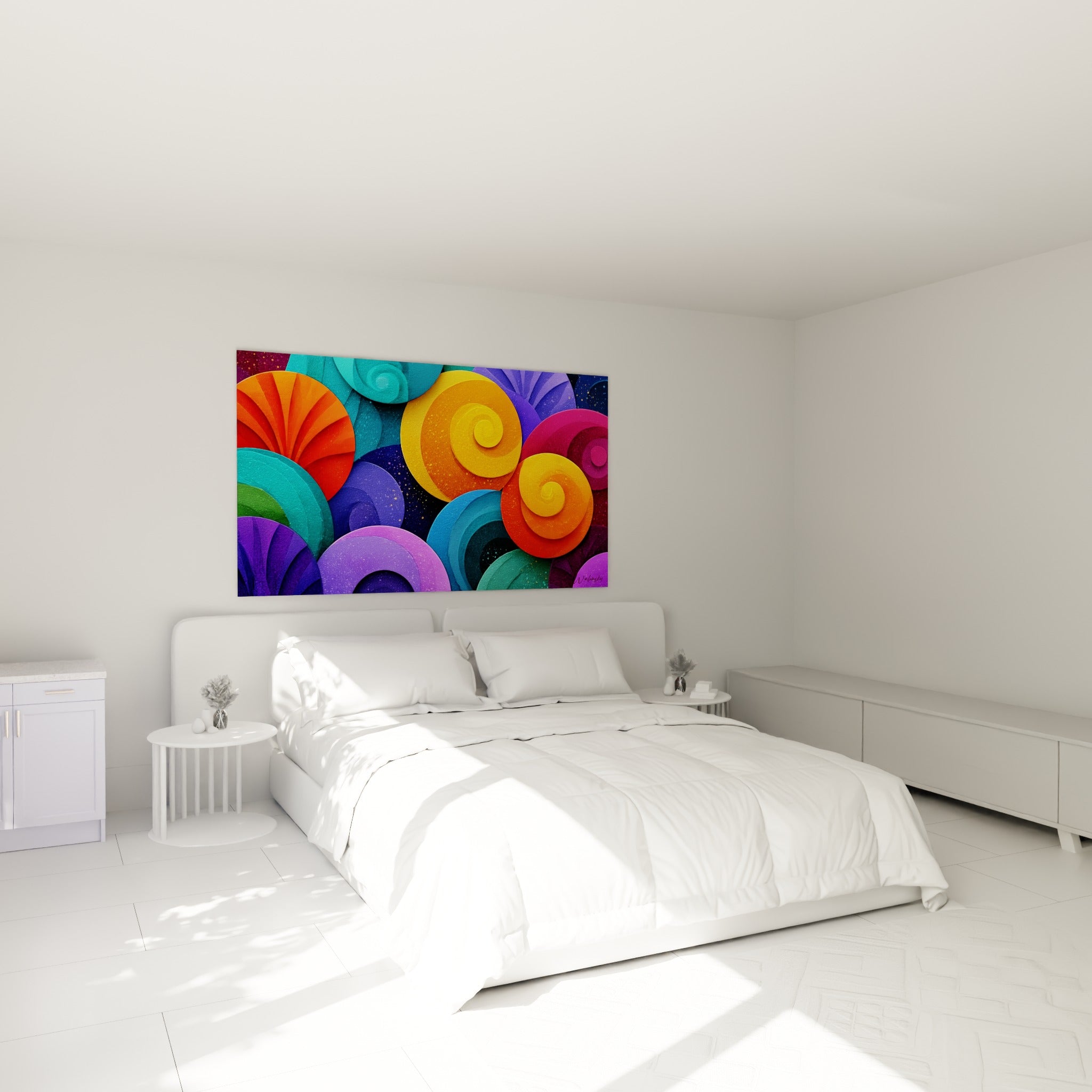 Volutes turquoise et orange de ce tableau multicolore abstrait installées au-dessus d'un lit dans une chambre claire