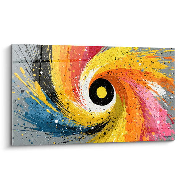 Tableau Vortex jaune et rose au cœur noir - Pupille solaire centrale - Edition Multicolore abstrait