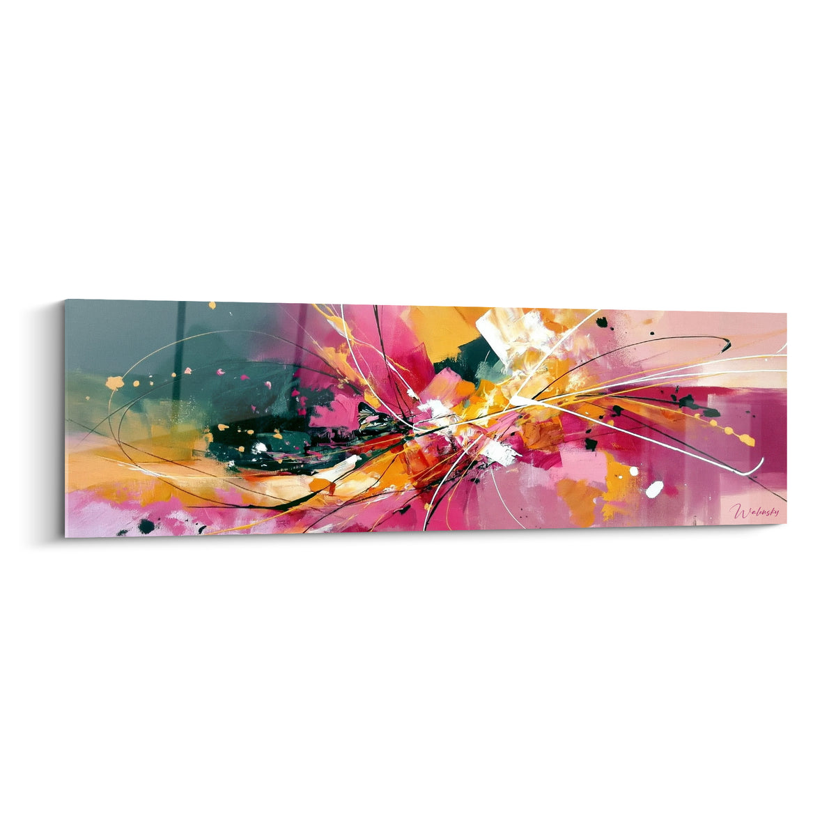 Explosion abstraite fuchsia et anthracite avec éclats dorés et lignes blanches jaillissantes