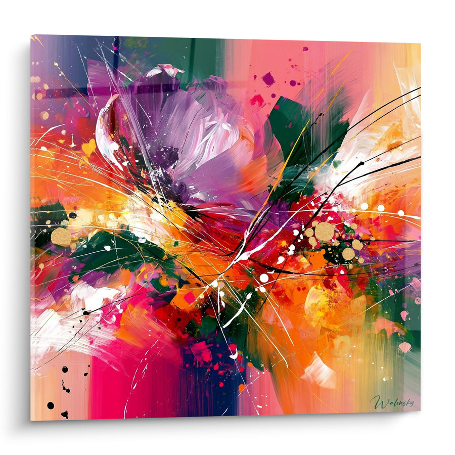 Tableau Fleur abstraite orange et violette éclaboussée - Éclat floral vibrant - Edition Multicolore