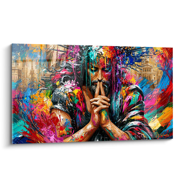 Tableau Homme en prière mains jointes barbu - Instant de méditation - Edition Multicolore