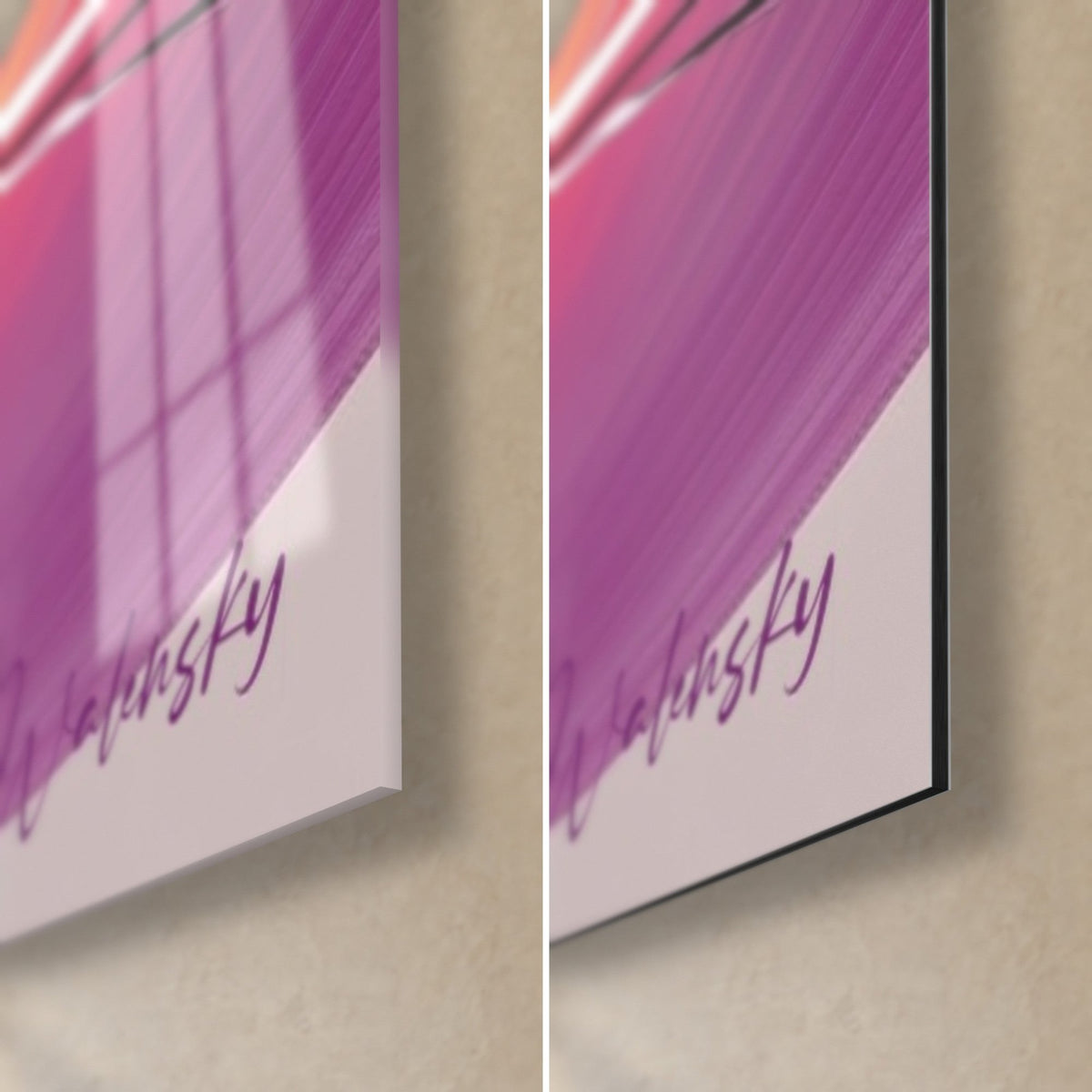 Cuadro de salpicaduras violetas, esquina inferior derecha: cristal acrílico brillante y aluminio Dibond mate, canto negro de 3 mm