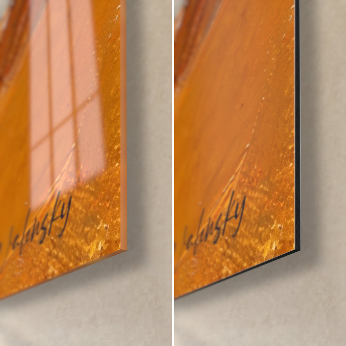Tableau empâtements ocre et rouge, coin bas droit : verre acrylique brillant à gauche, alu Dibond mat à droite, tranche de 3 mm