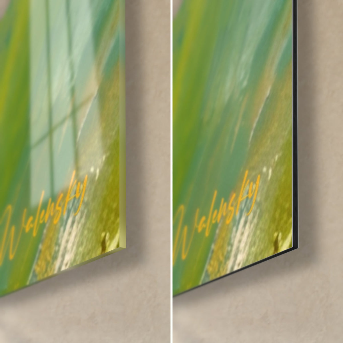 Tableau vagues diagonales jaune et vert olive, coin bas droit, verre brillant à gauche, Dibond mat et tranche à droite