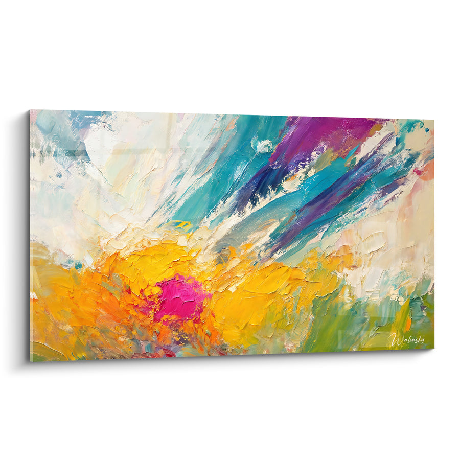 Tableau Explosion florale jaune et turquoise - Éclosion printanière - Edition Multicolores abstrait