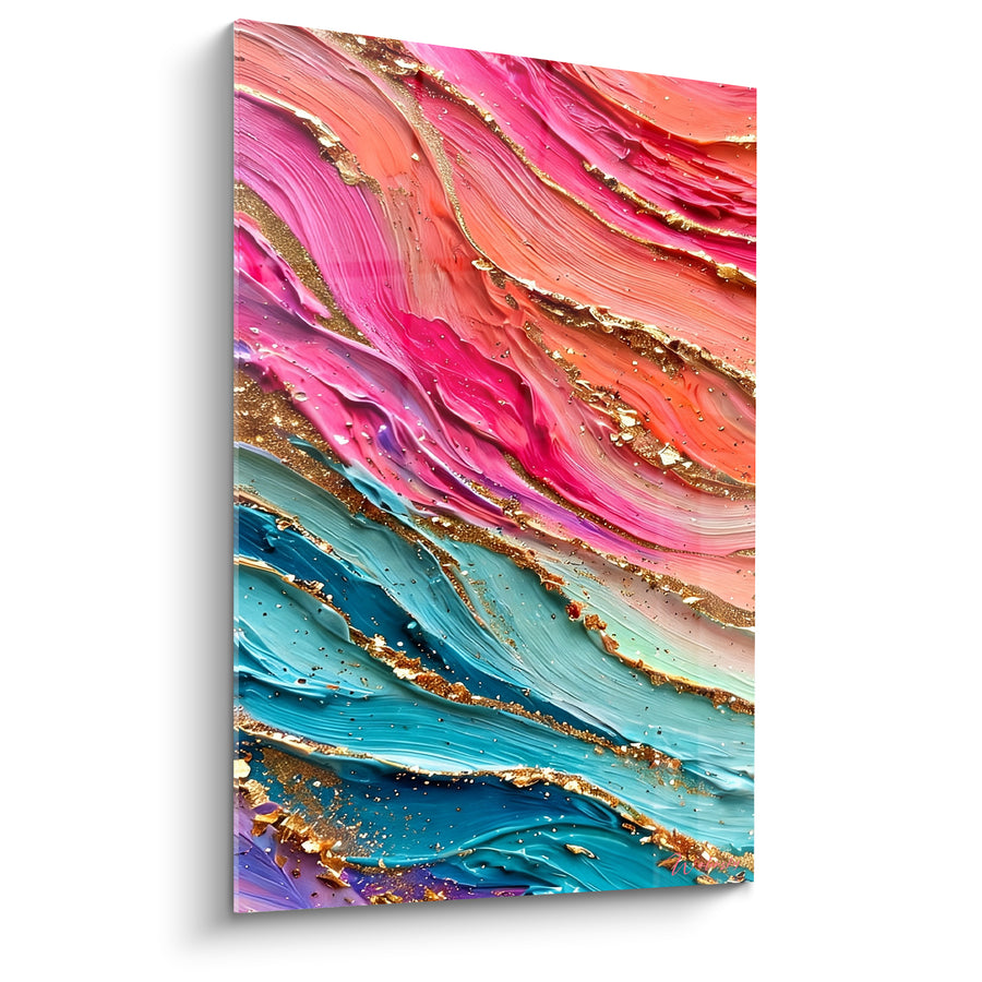 Tableau Vagues de peinture rose turquoise et dorure - Marée scintillante - Edition Multicolores abstrait
