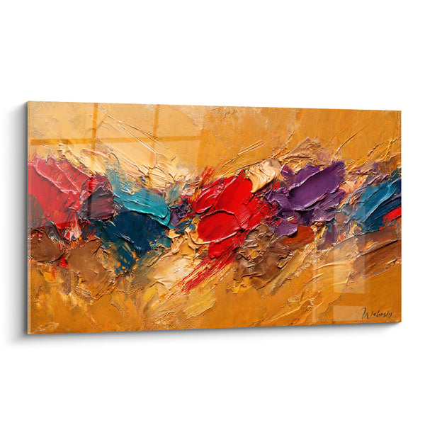 Tableau Coulée dorée aux empâtements rouge et bleu - Éclat figé - Edition Multicolores abstrait
