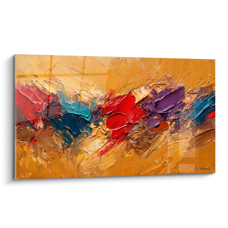 Tableau Coulée dorée aux empâtements rouge et bleu - Éclat figé - Edition Multicolores abstrait