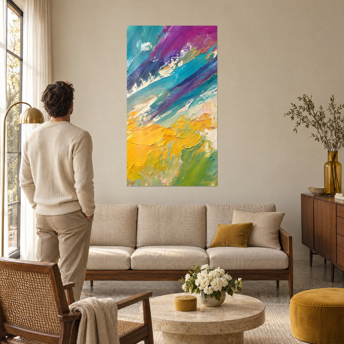 Tableau déferlante abstraite jaune moutarde et turquoise, empâtements vifs, au-dessus d'un canapé dans un salon lumineux