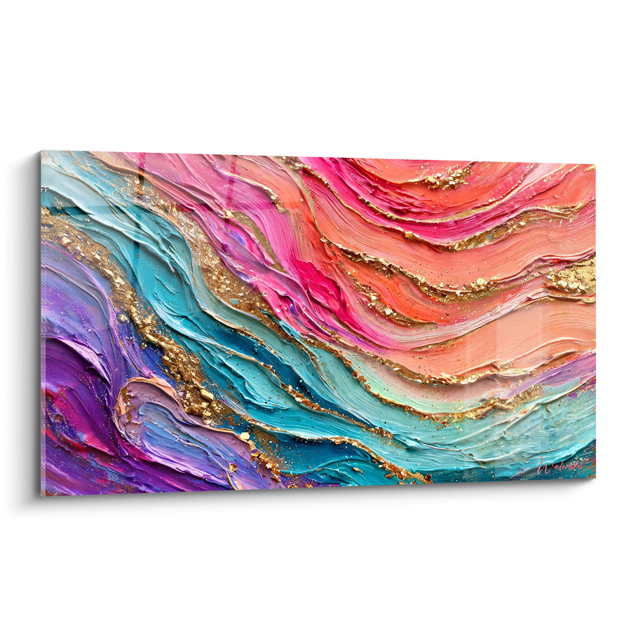 Tableau Vagues ondulantes corail et turquoise dorées - Marée chromatique - Edition Multicolores abstrait