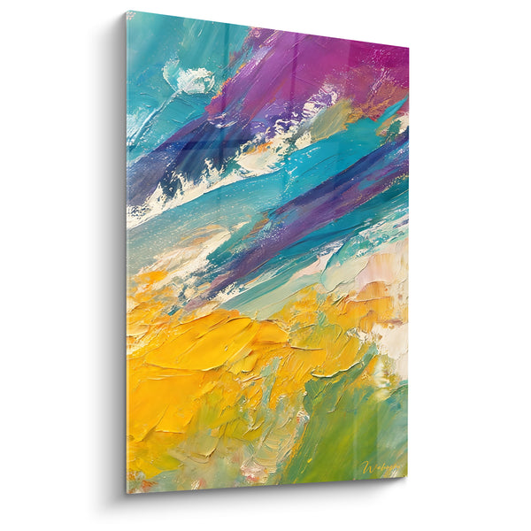 Tableau Vagues diagonales jaune et turquoise - Déferlement solaire - Edition Multicolores abstrait