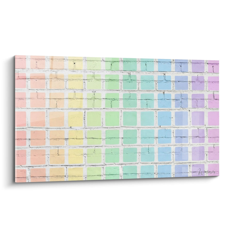 Schilderij "Pastel bakstenen muur met regenboogverloop - Stedelijke harmonie - Geometrische streetart-editie"