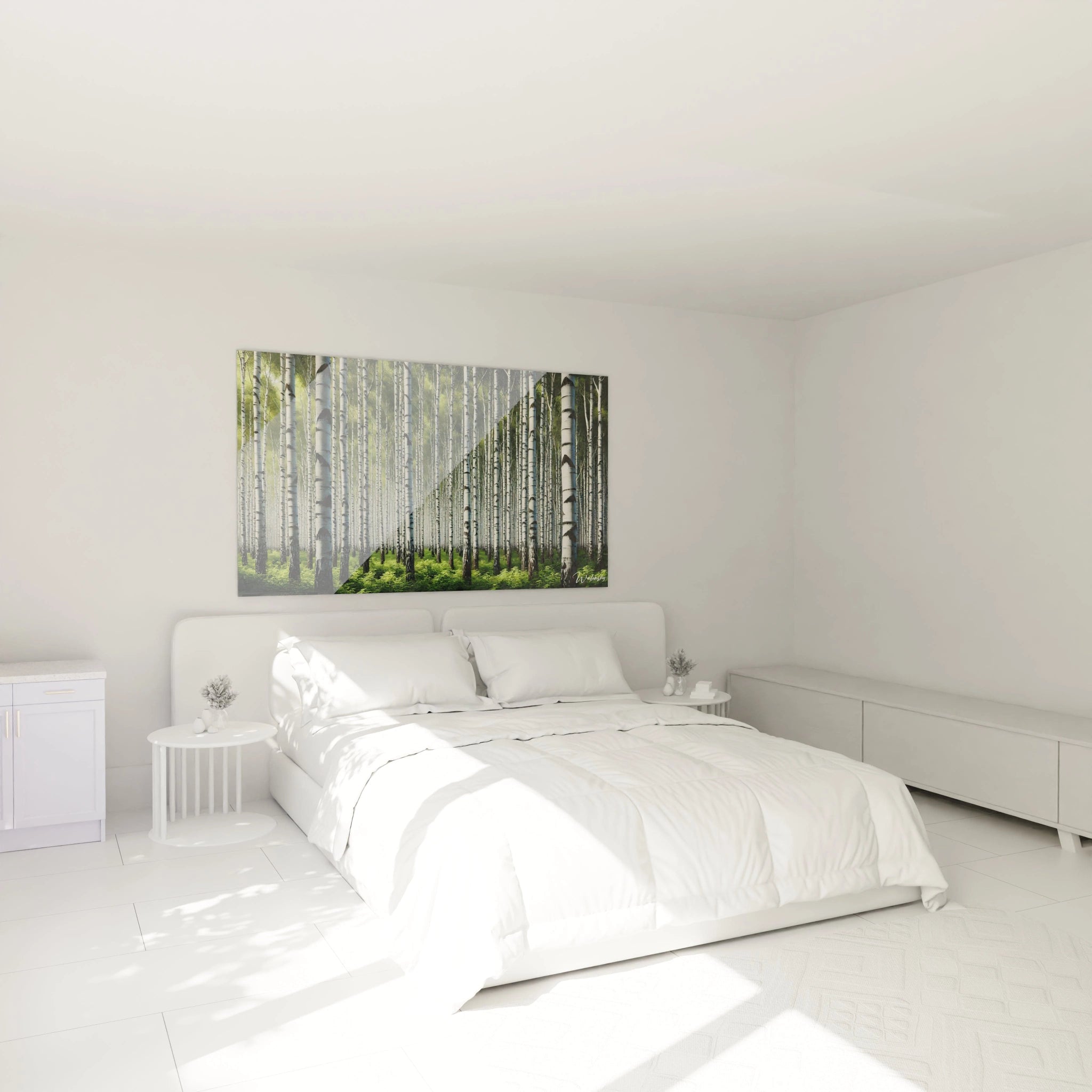 Tableau foret au dessus du lit Un apaisement visuel dans la chambre Ce tableau foret capture l essence des bouleaux symetriques pour un decor zen et inspire d harmonie naturelle

