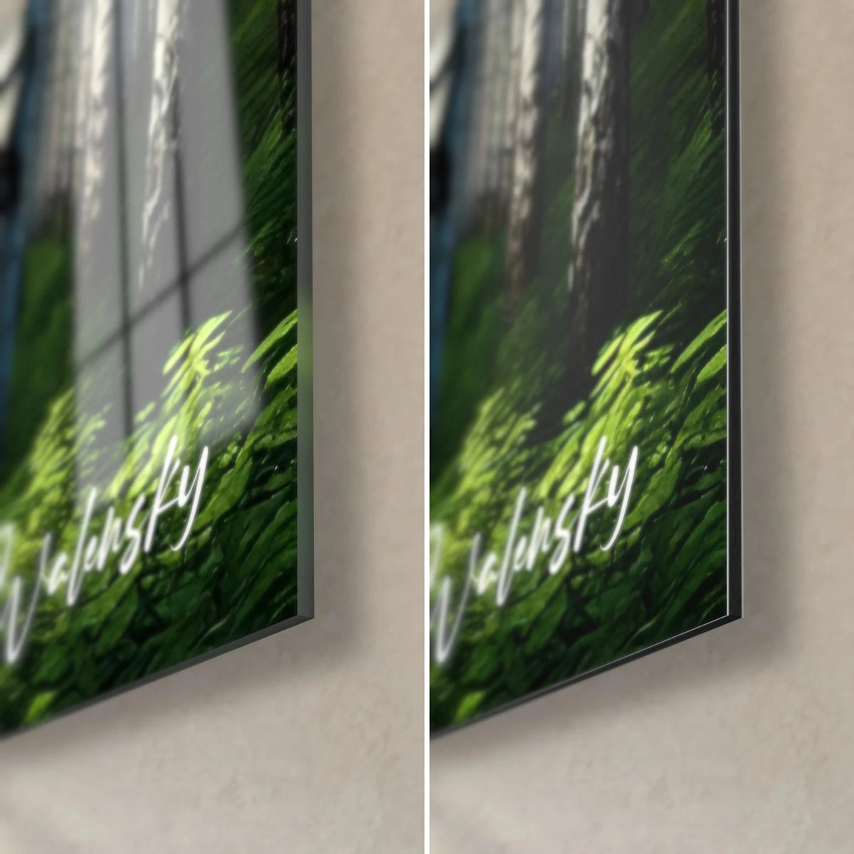 Schilderij stammen van witte berken en groen blad, rechtsonder, signatuur Walensky, glanzend glas links, mat Dibond rechts