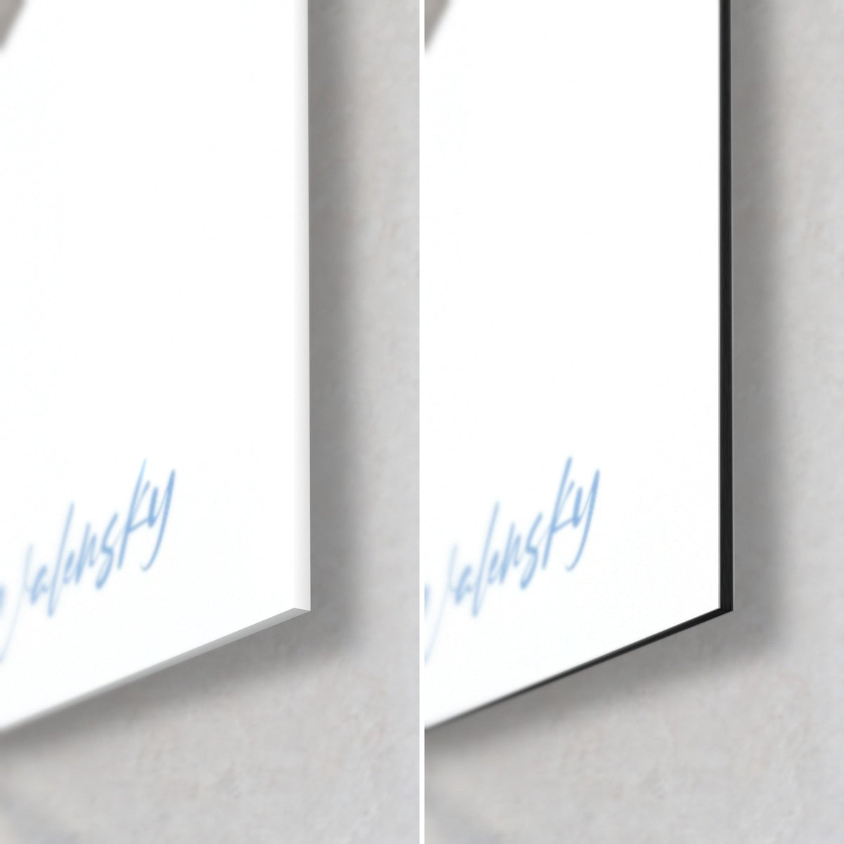 Gemälde Meereswolke in Nachtblau, untere rechte Ecke: glänzendes Acrylglas links, mattes Dibond-Aluminium rechts, schwarze Kante von 3 mm