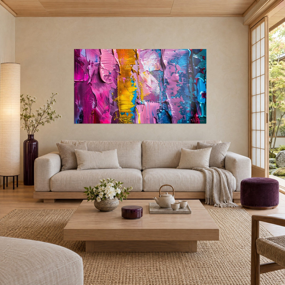 Gemälde mit pinselstrichen in Rosa, Gelb und Türkisblau in Relief, über einem Sofa in einem hellen Wohnzimmer