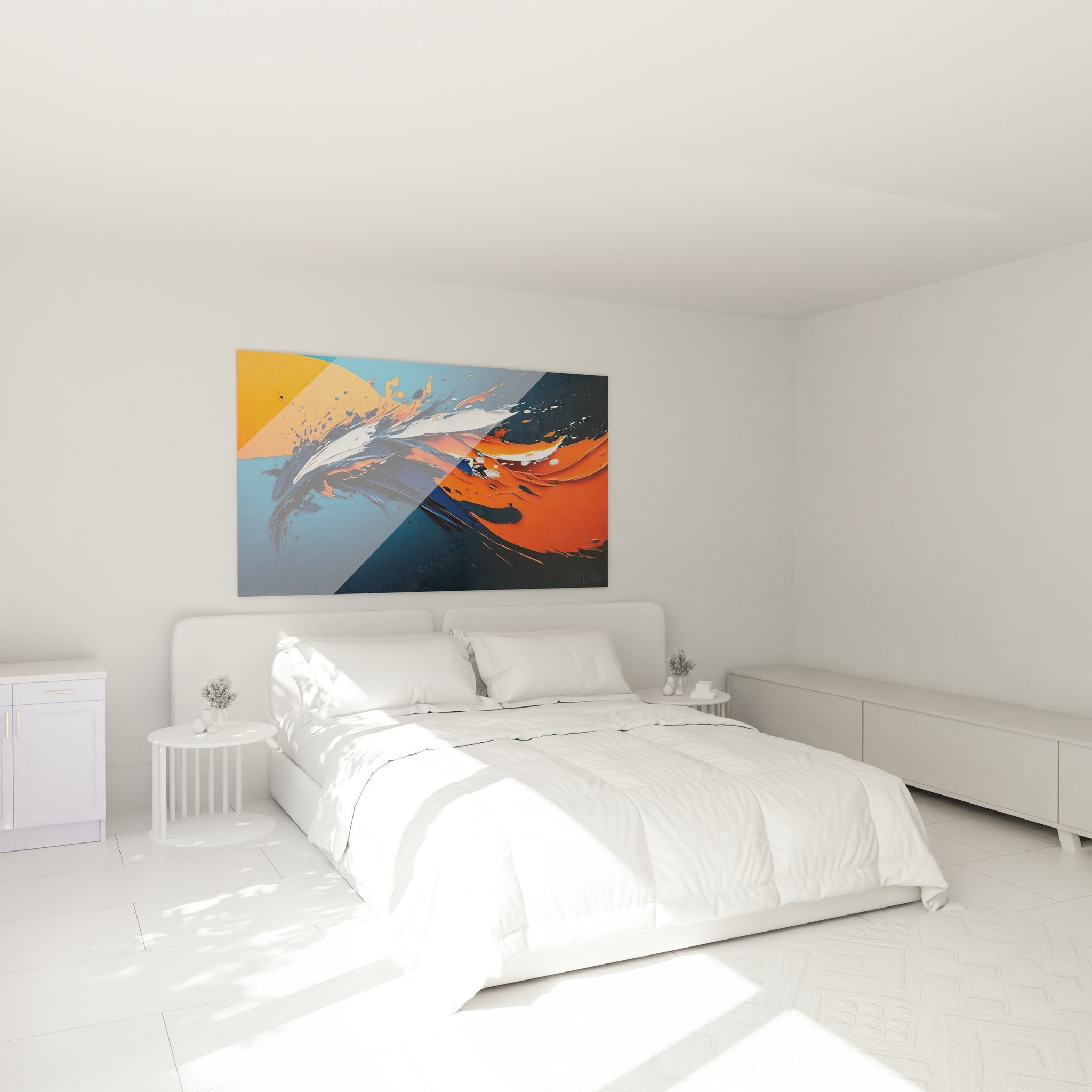 Tableau mural abstrait dans chambre moderne, décoration contemporaine avec explosion de couleurs