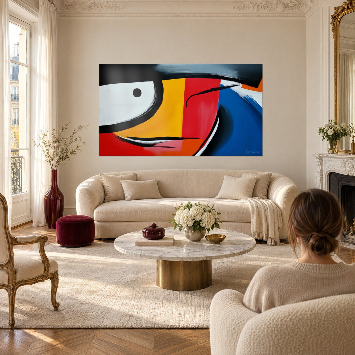 Tableau composition abstraite jaune et rouge, œil noir sur fond blanc, au-dessus d'un canapé dans un salon lumineux