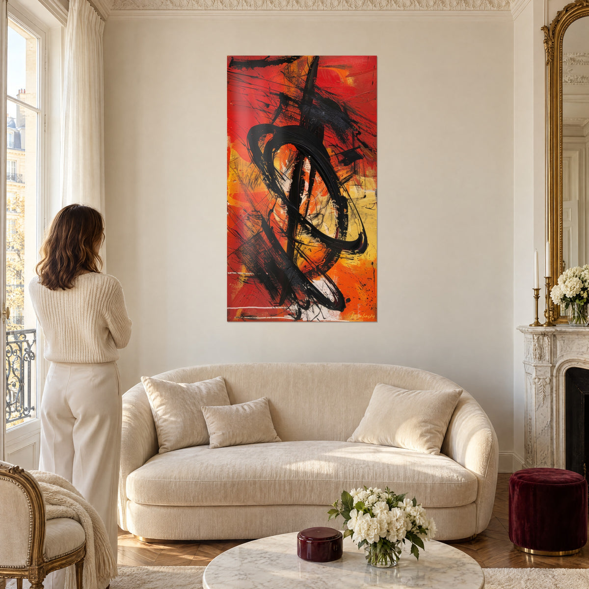 Tableau abstrait aux larges boucles noires sur fond rouge et orange, trait gestuel, au-dessus d'un canapé dans un salon lumineux
