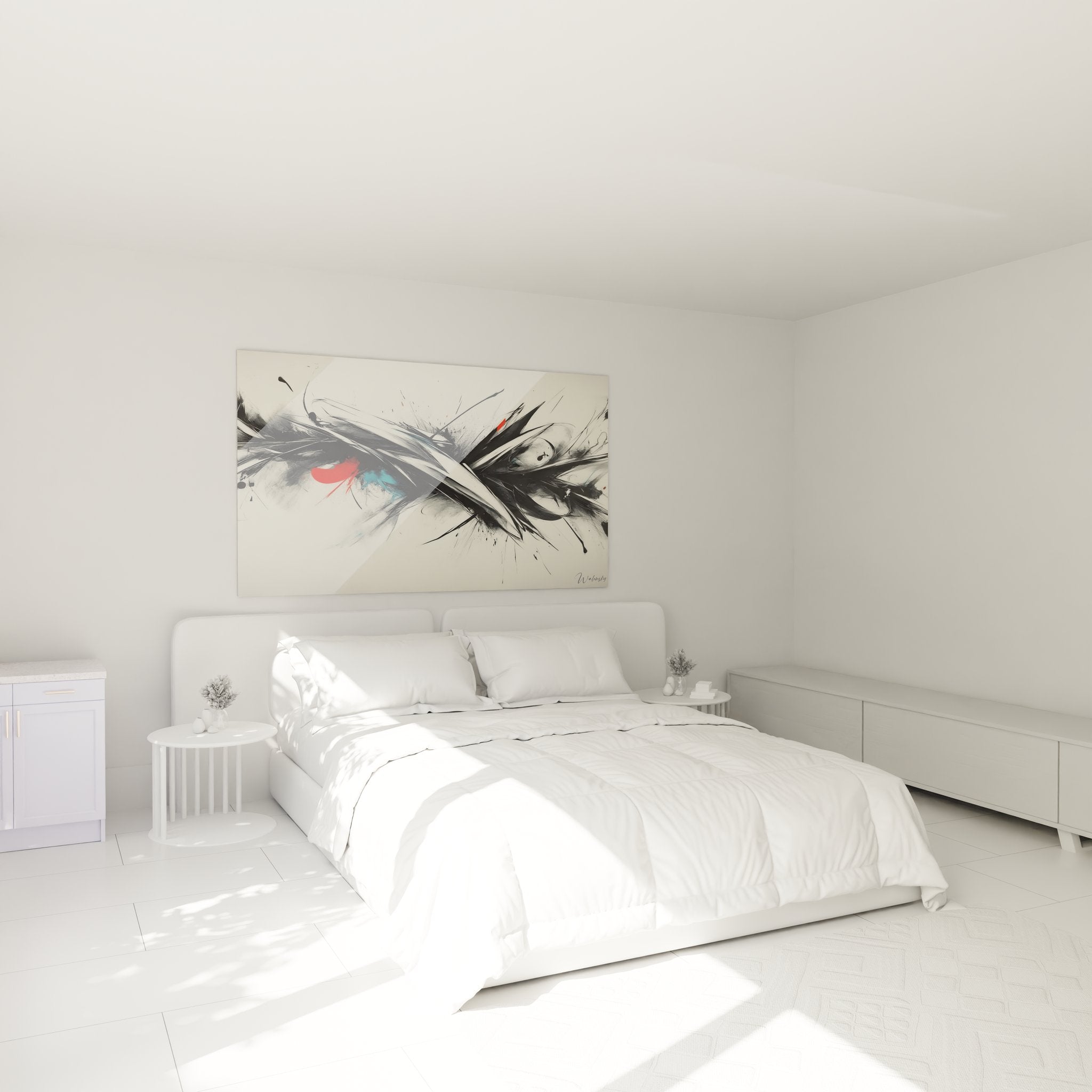 Tableau mural abstrait moderne dans chambre contemporaine avec décoration minimaliste sophistiquée