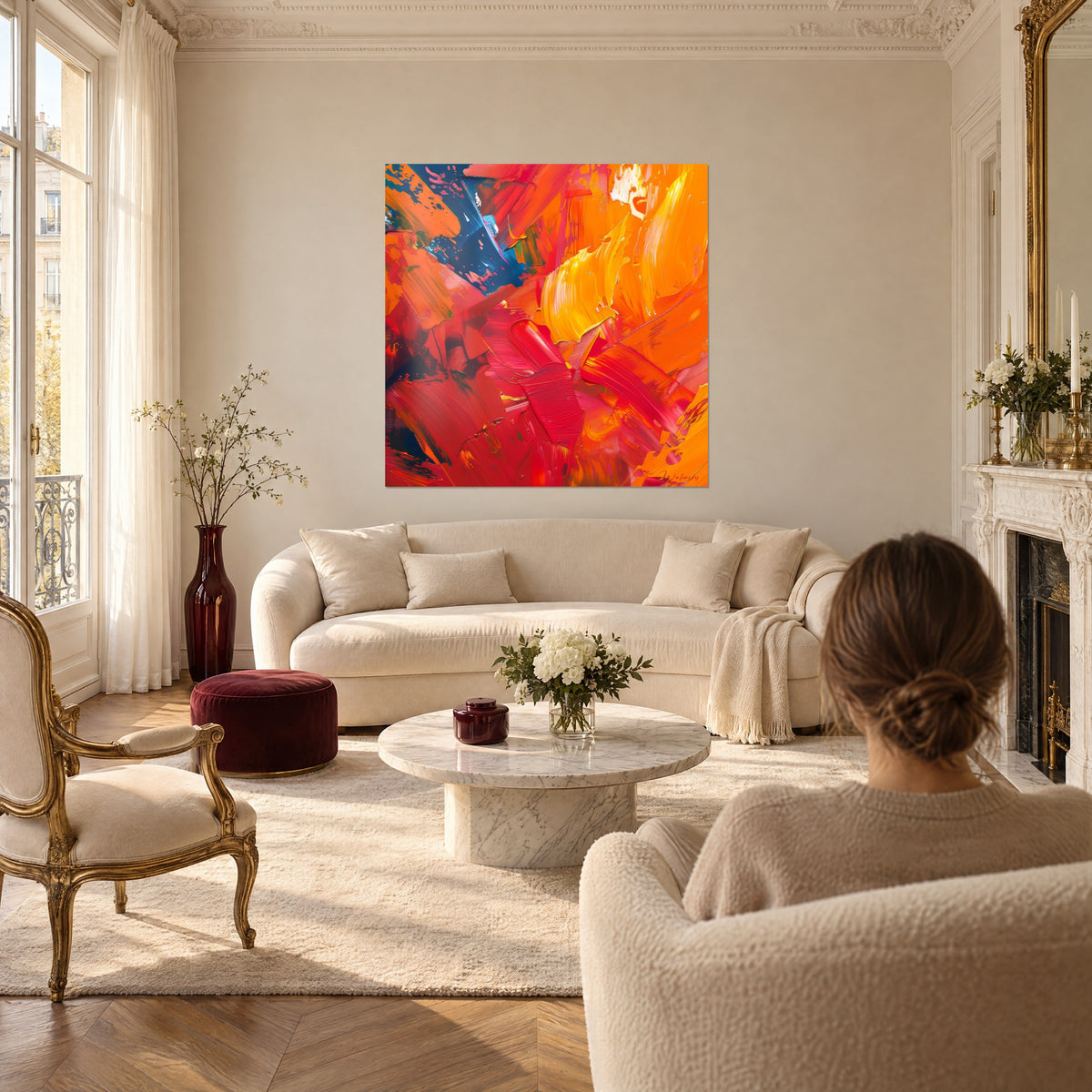 Gemälde abstrakt mit orangefarbenen und leuchtend roten Pinselstrichen, Akzente in Blau, eine Frau von hinten, über einem Sofa in einem hellen Wohnzimmer