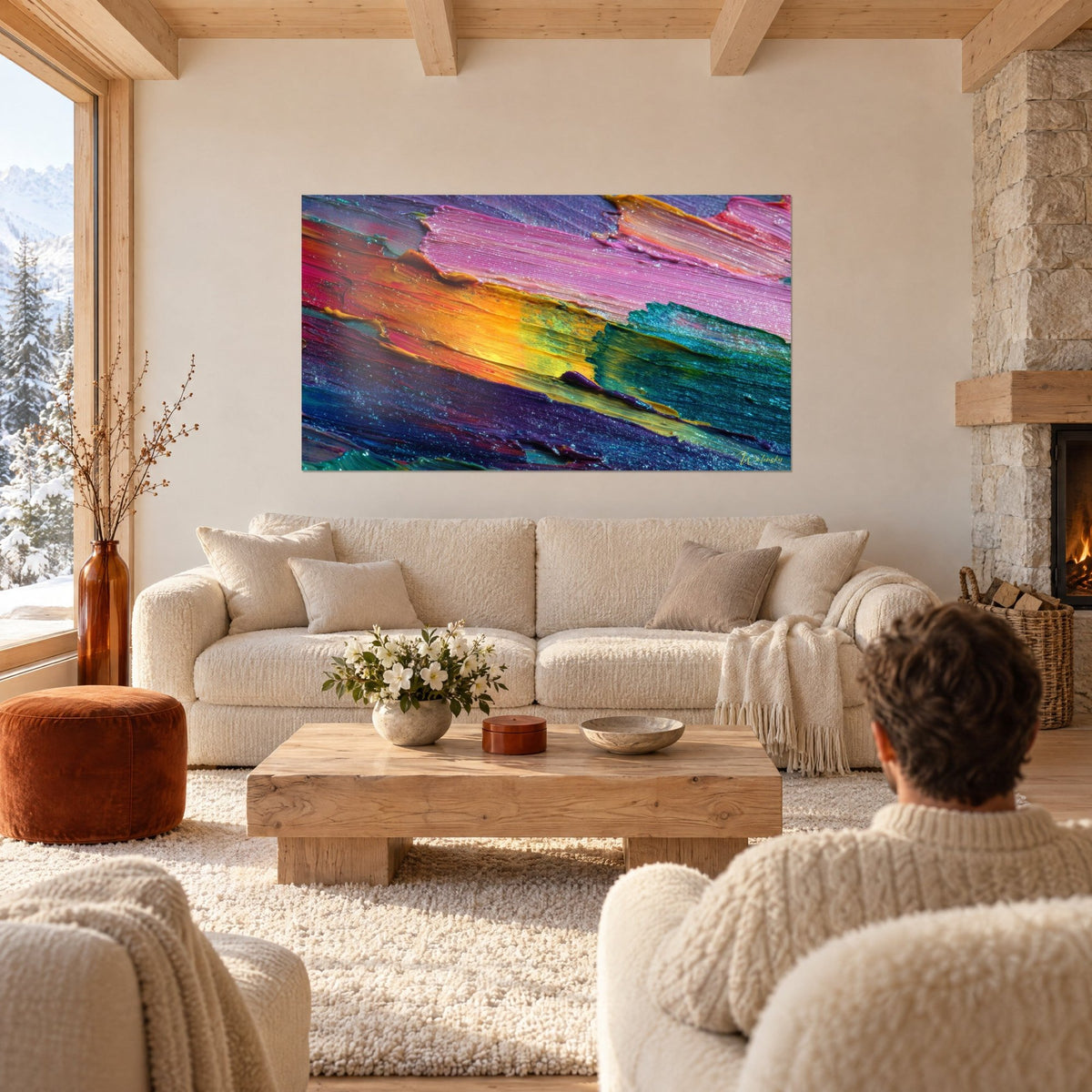 Wall art with thick, vibrant pink and blazing orange brushstrokes, glittering highlights, a man seen from behind, above a sofa in a bright living room