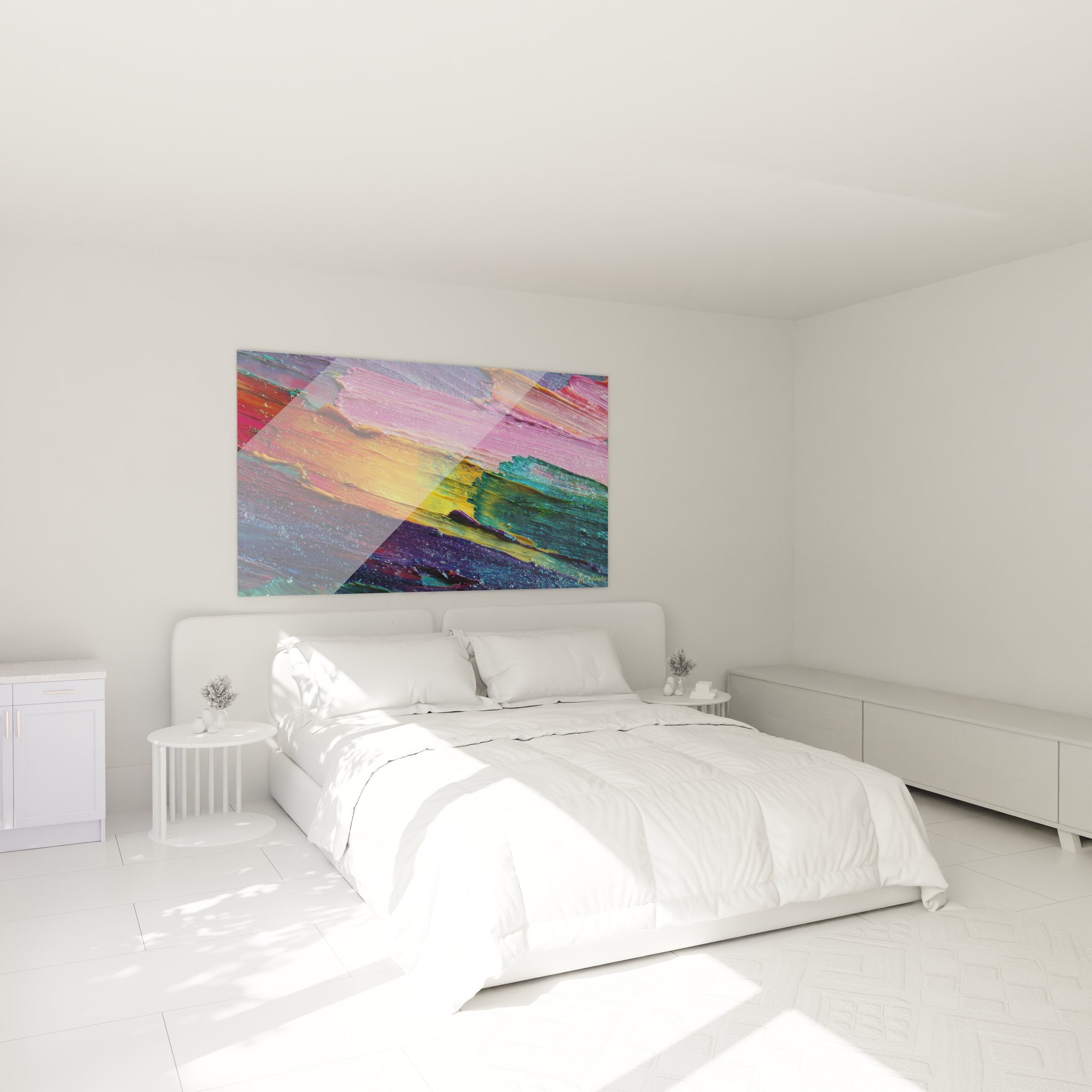 Tableau mural peinture abstraite multicolore dans décoration chambre moderne contemporaine