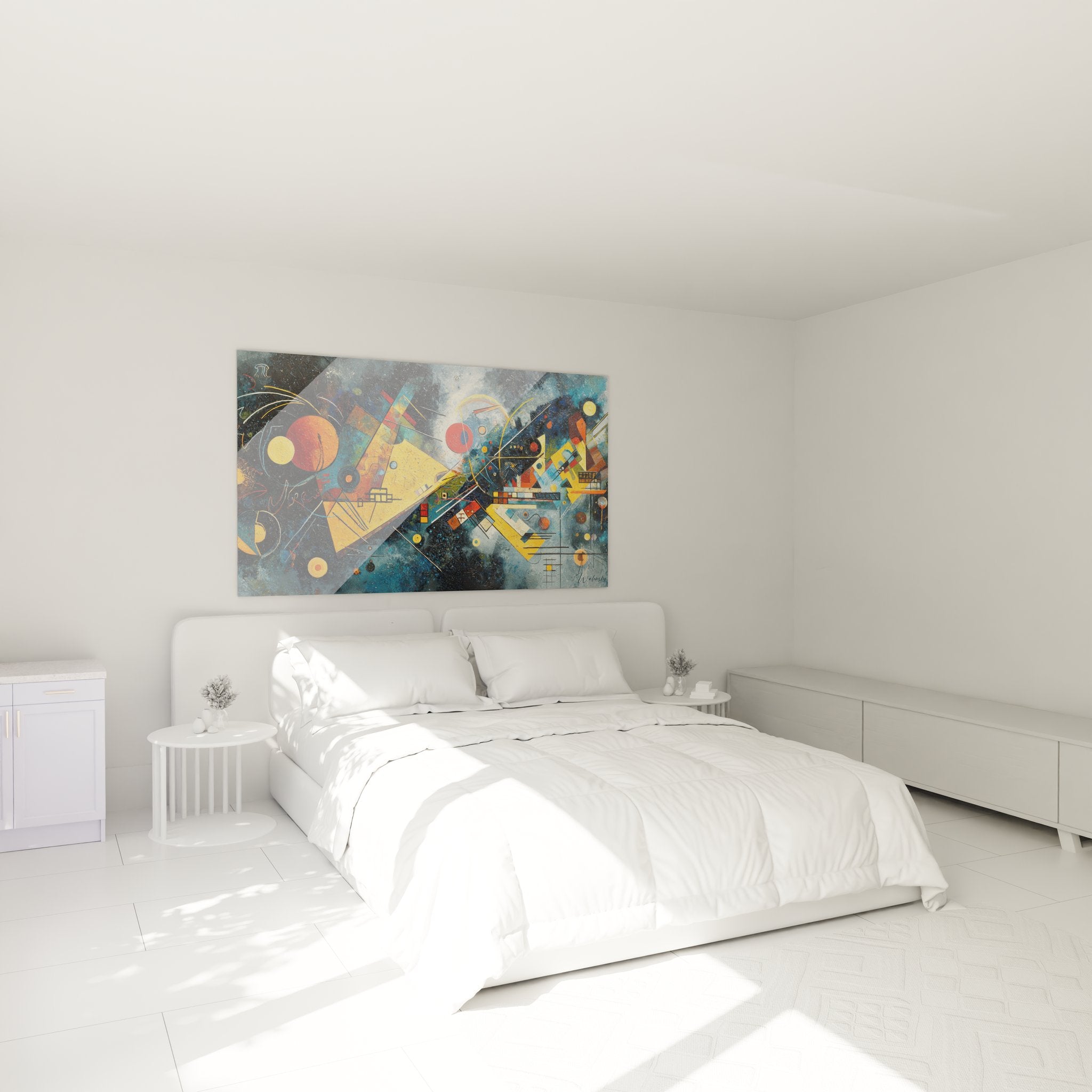 Tableau mural abstrait géométrique décorant élégamment une chambre contemporaine moderne