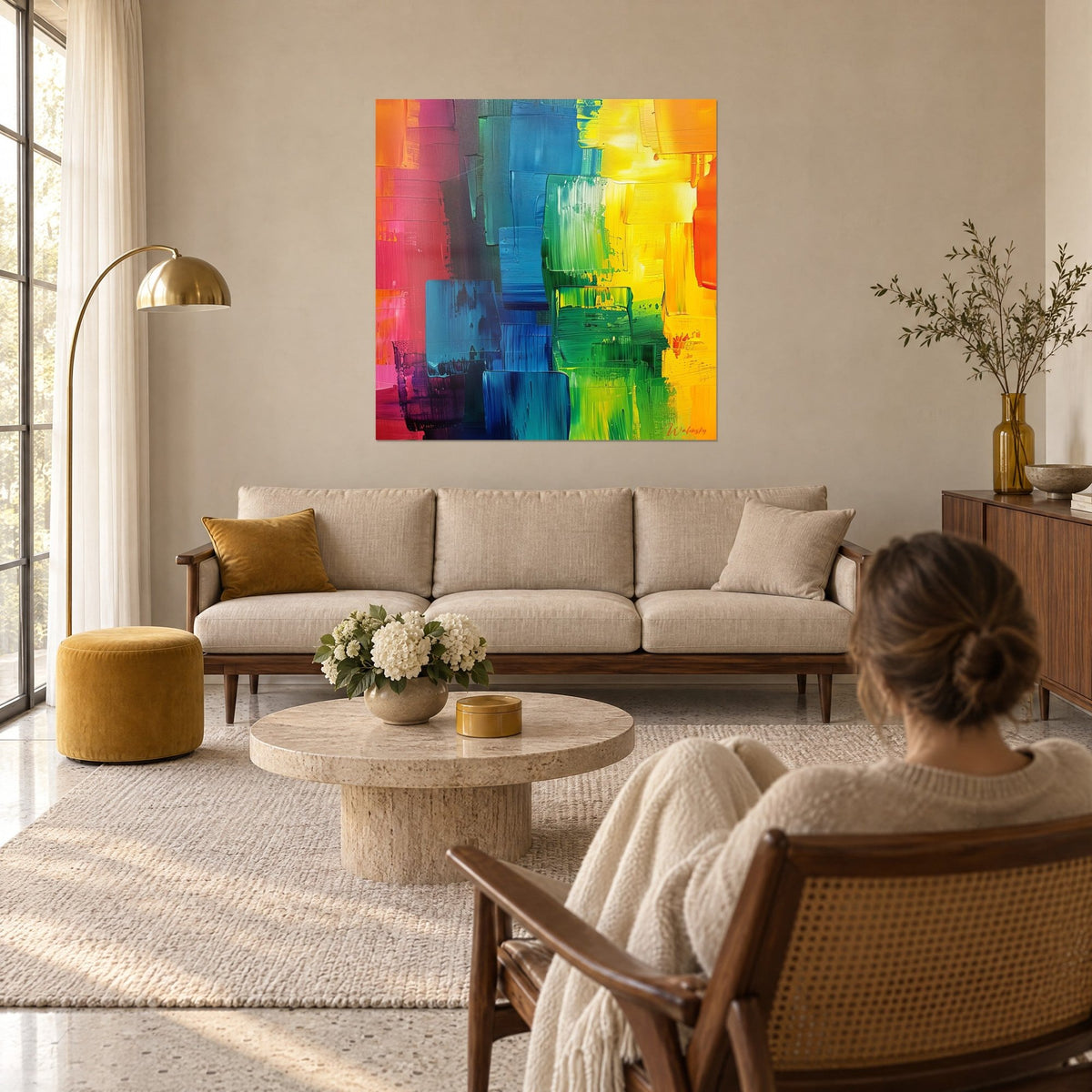 Tableau coups de spatule en aplats carrés, rose fuchsia, bleu roi et jaune soleil, au-dessus d'un canapé dans un salon lumineux