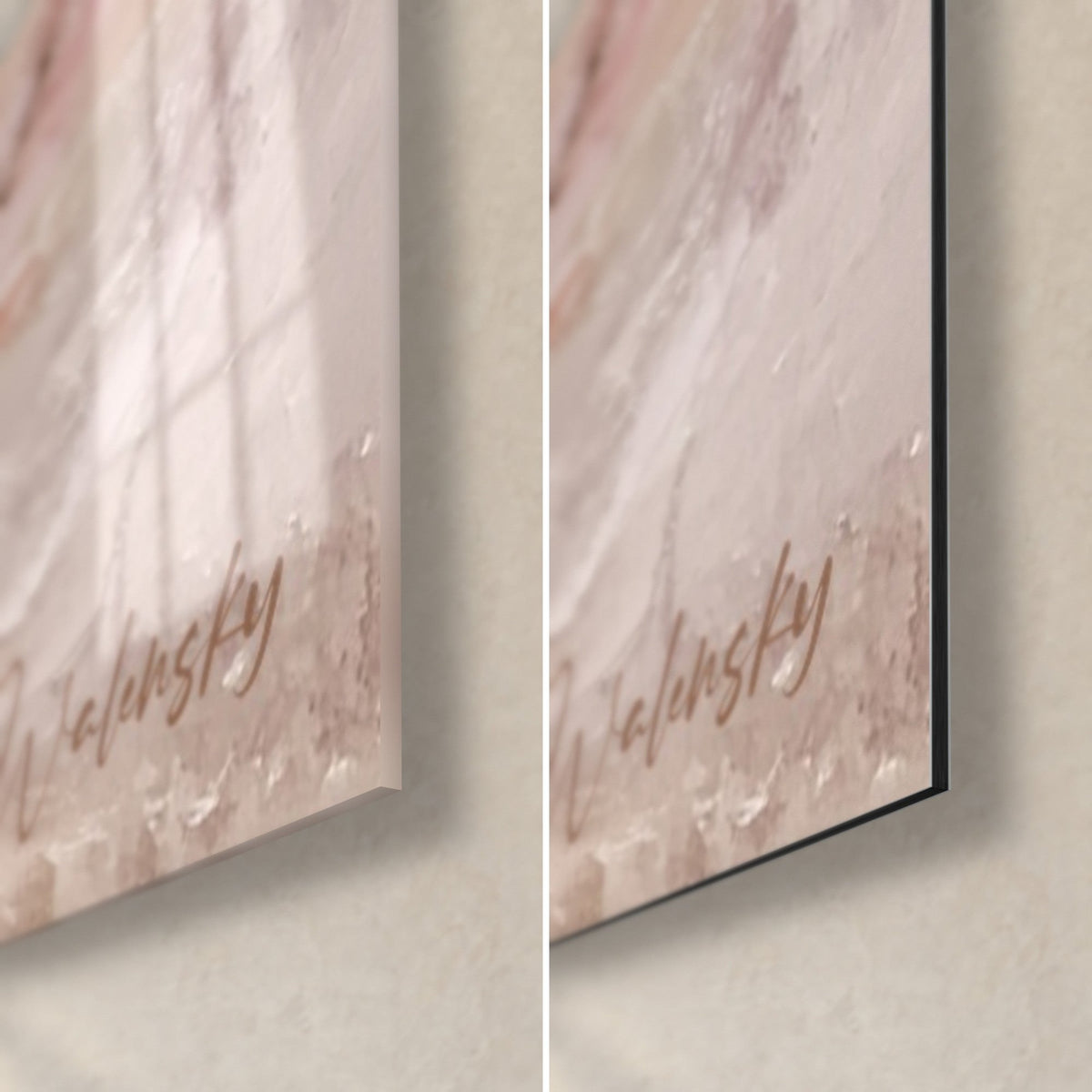 Gemälde abstraktes Bild mit pastosen Beige- und Rosétönen, untere rechte Ecke, Signatur Walensky, glänzendes Glas und mattes Dibond, 3 mm Kante