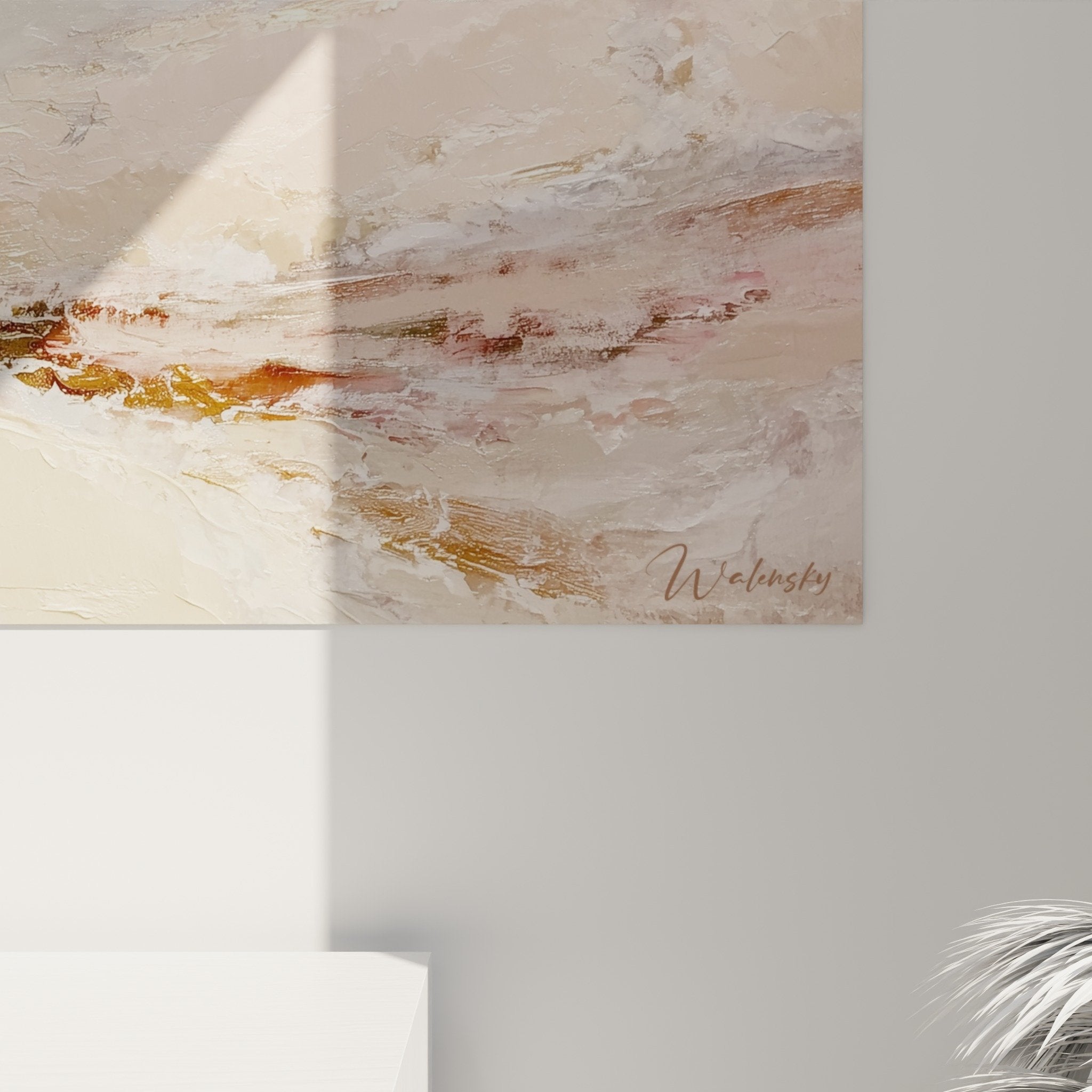 Vue ensemble tableau mural abstrait beige rose dore feng shui centre terre salon moderne