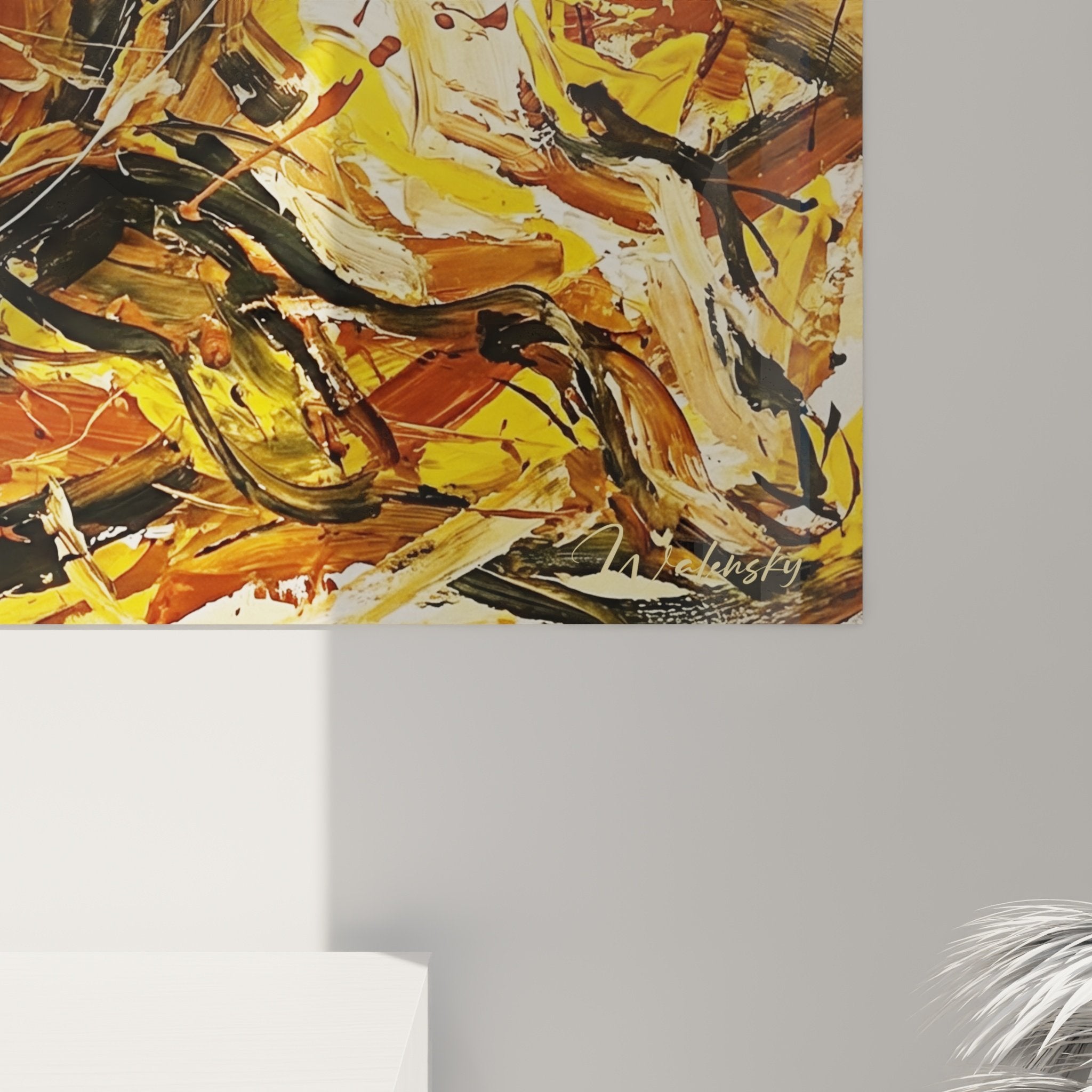 Mise en situation tableau abstrait Shih Tzu, art mural décoratif aux couleurs chaudes pour salon moderne