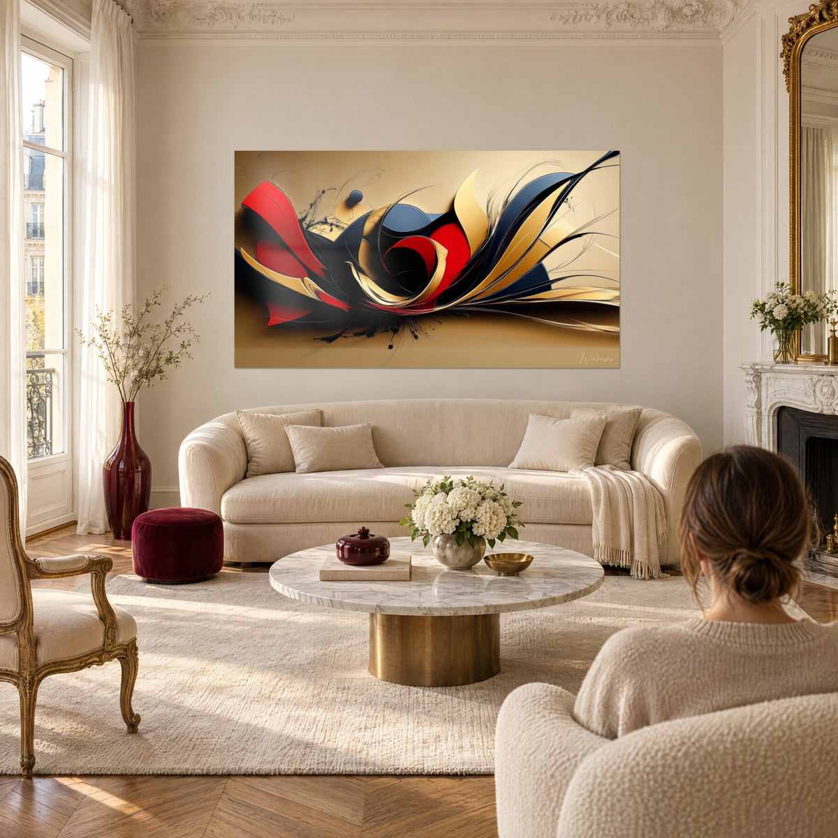 Tableau rubans rouges et bleu nuit tourbillonnant sur fond sable, accroché au-dessus d'un canapé dans un salon lumineux
