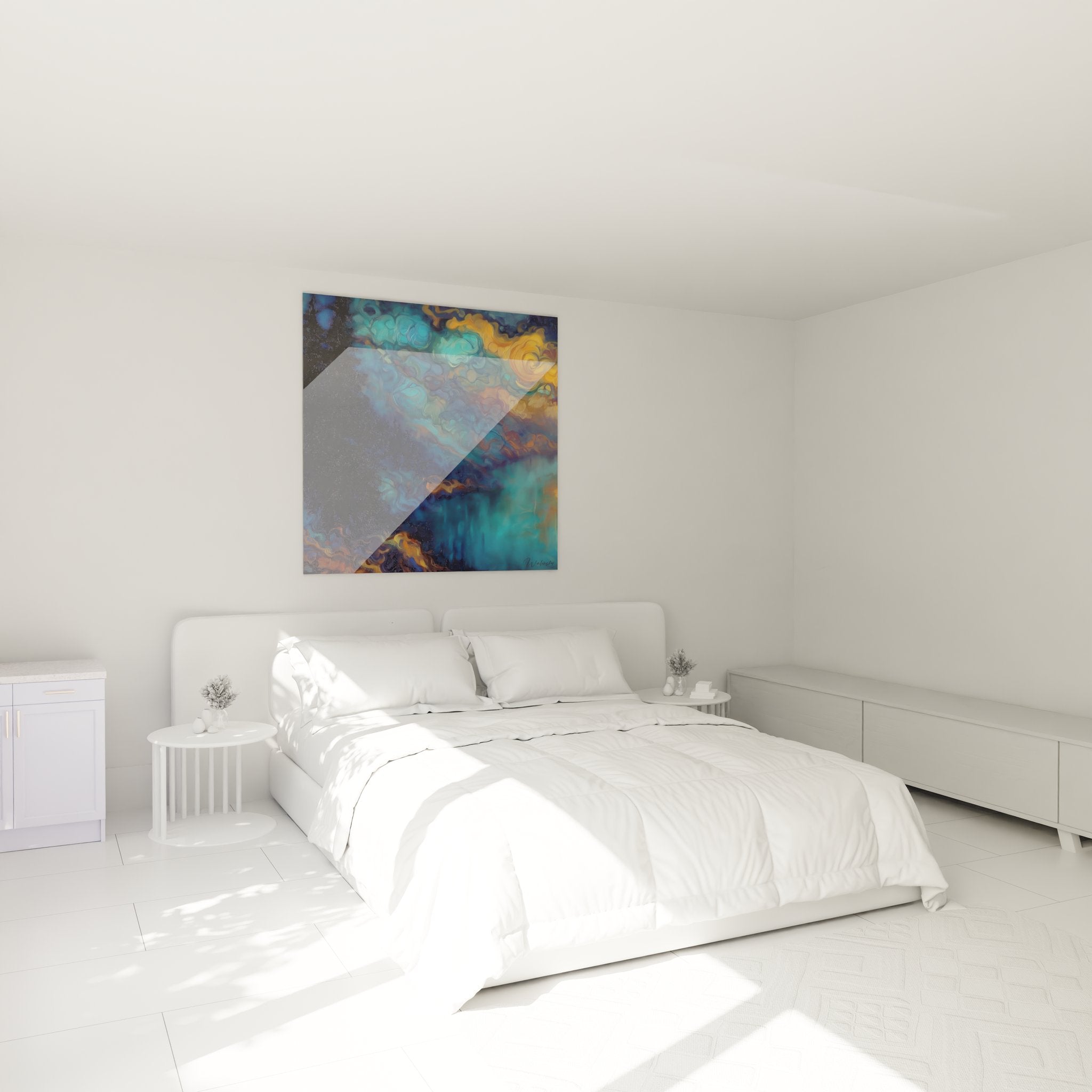 Ambiance chambre avec tableau mural abstrait tempête colorée aux tons bleus et or