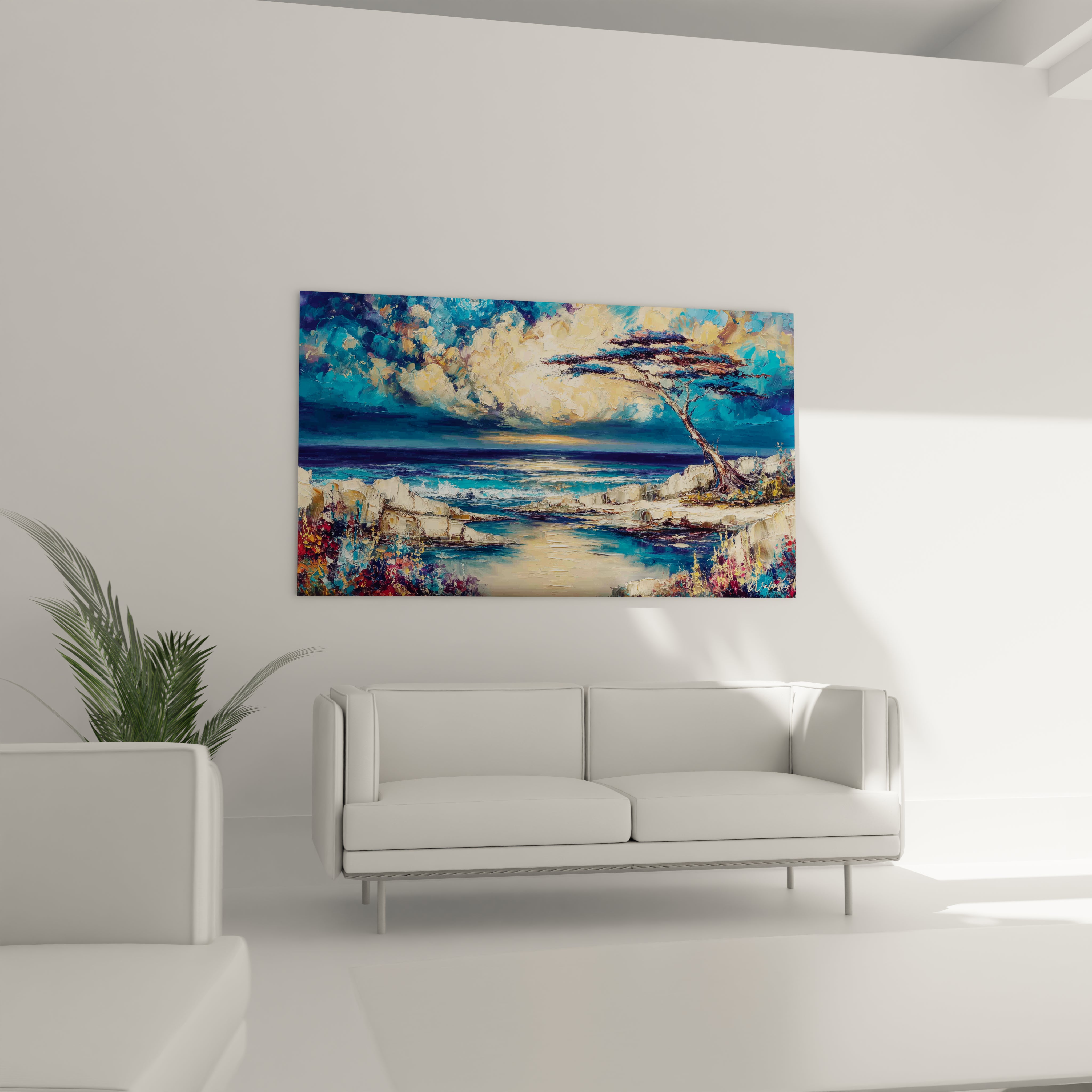 Tableau mural africain paysage représentant une scène côtière avec un arbre sous un ciel ensoleillé
