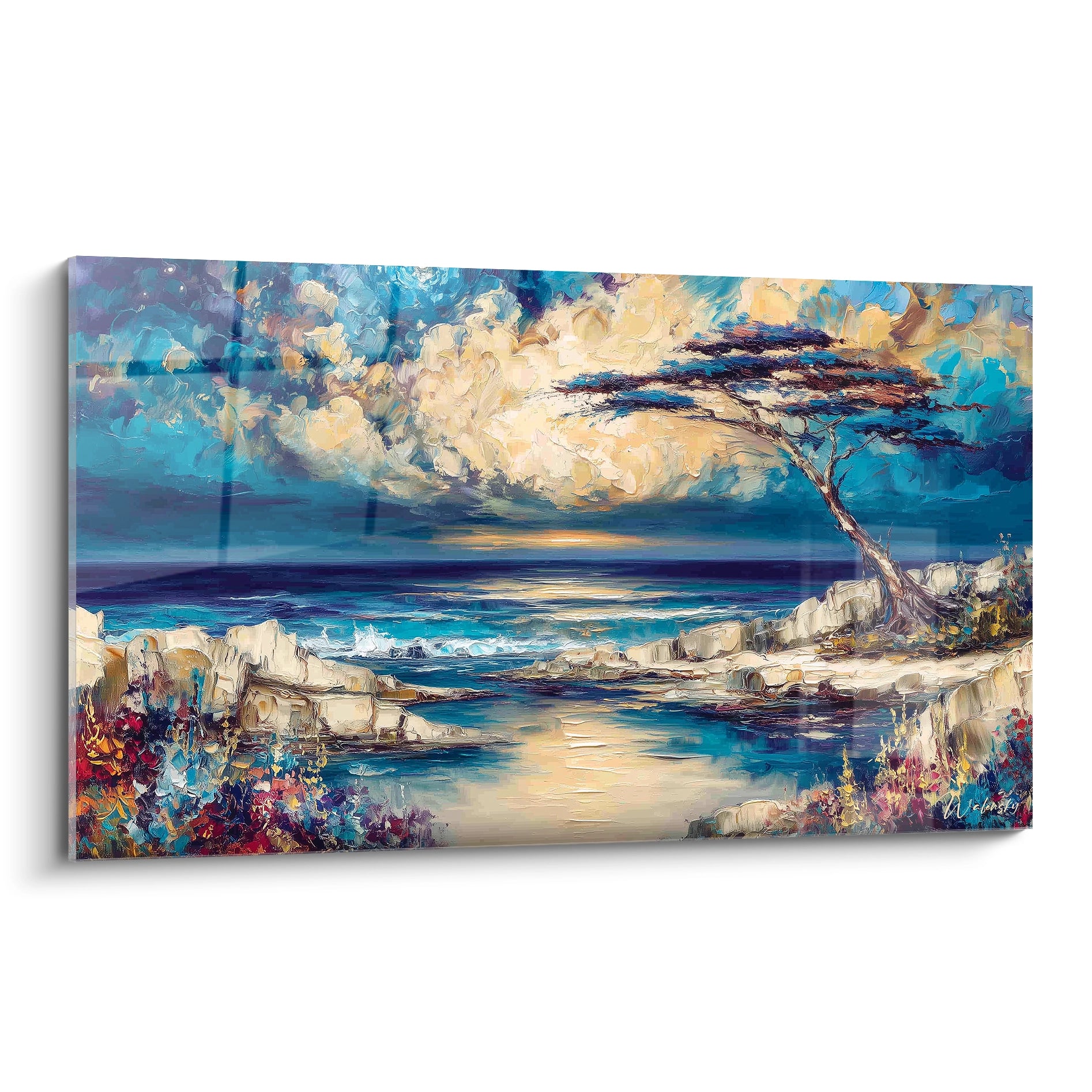 Tableau mural africain paysage coloré avec un arbre surplombant l'océan et les rochers