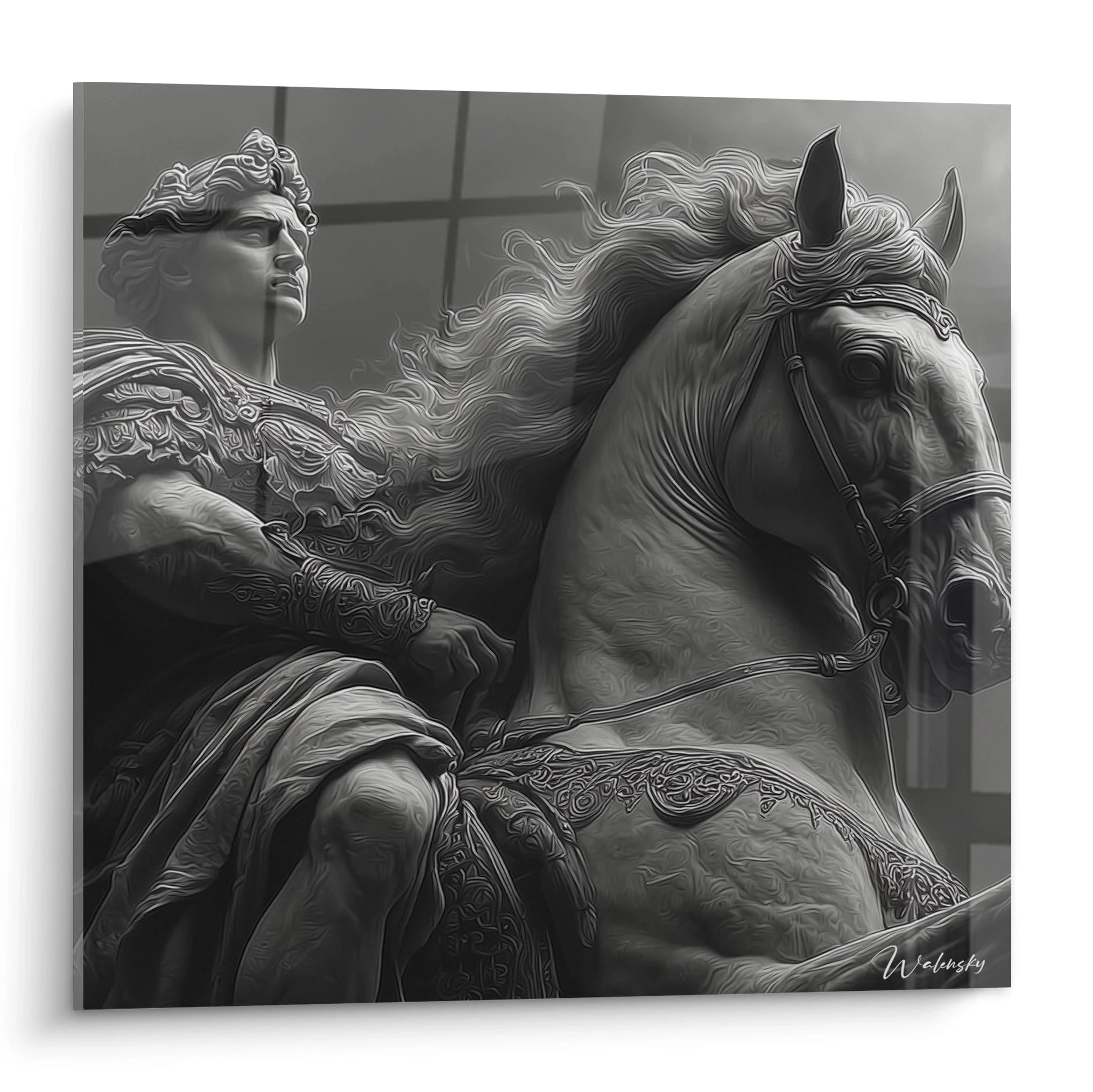 tableau mural Alexandre le Grand Walensky représentation en tons gris d une statue équestre d Alexandre le Grand
