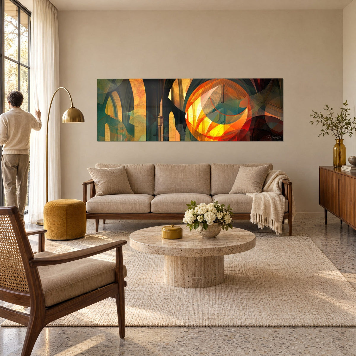 Tableau voûtes gothiques abstraites, grand soleil orange et jaune sur arches vert sombre, au-dessus d'un canapé dans un salon lumineux