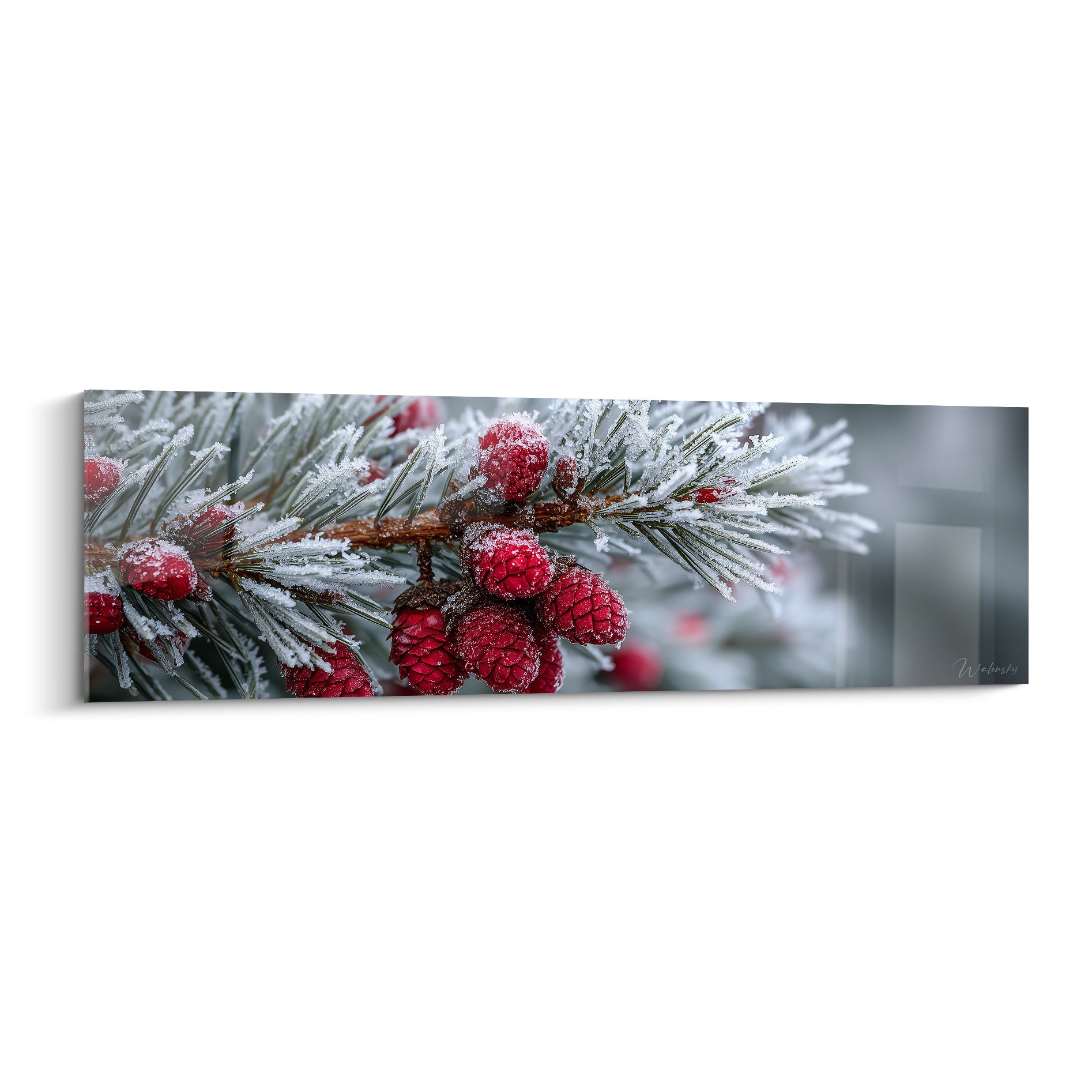 Tableau mural art contemporain Noël avec des baies rouges sur une branche de pin enneigée