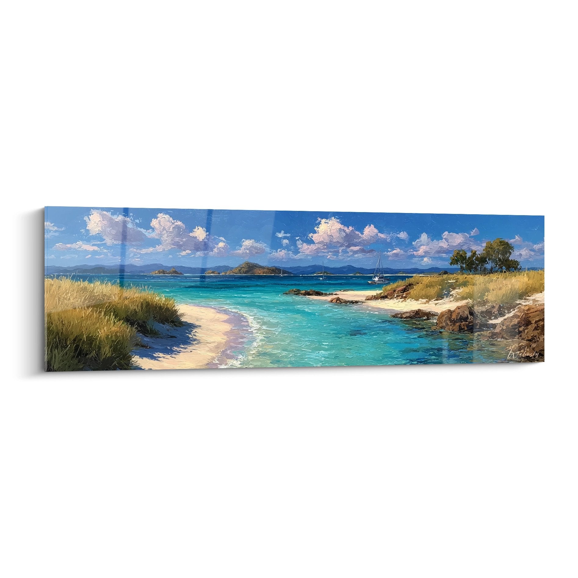 Tableau mural baie tropicale turquoise avec îlots rocheux, plage dorée et végétation luxuriante sous ciel nuageux