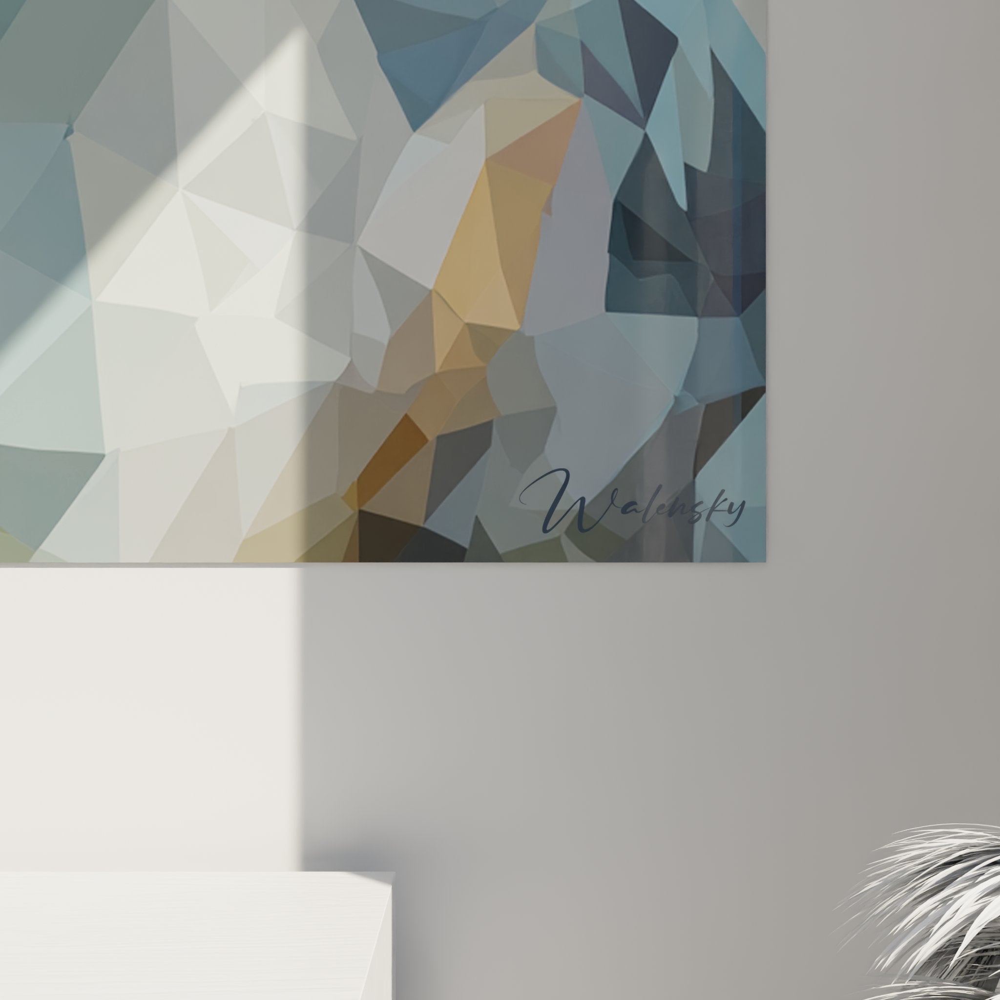 tableau mural berger australien portrait polygonal decoration moderne chien yeux bleus art geometrique contemporain