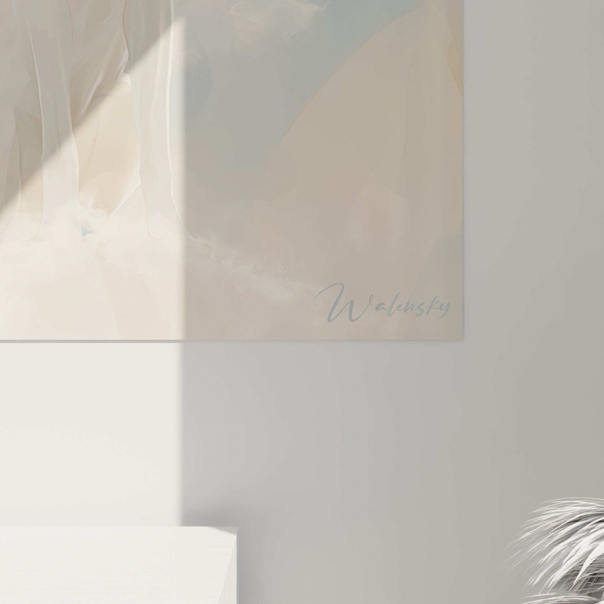 Mise en situation tableau Berger Blanc Suisse brume lumineuse, décoration murale élégante