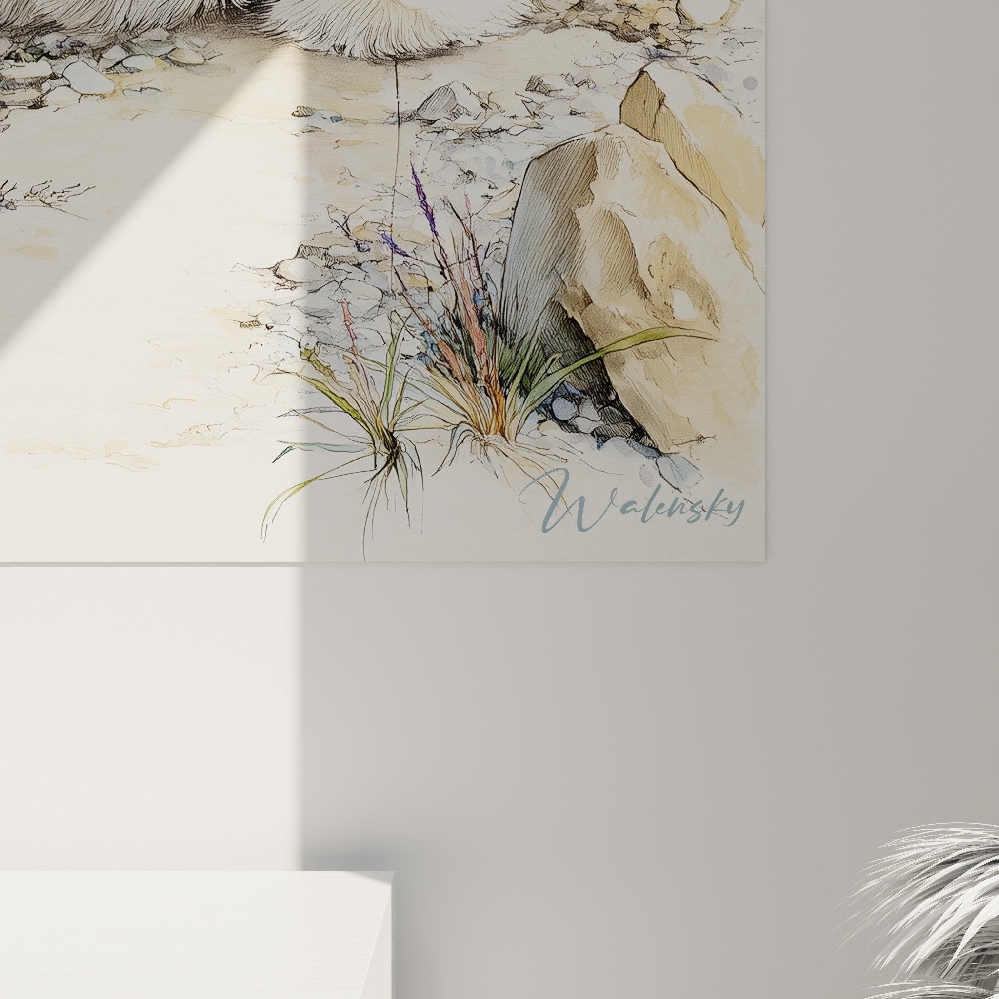 Vue ensemble tableau mural Bichon Havanais floral, composition harmonieuse tons pastel