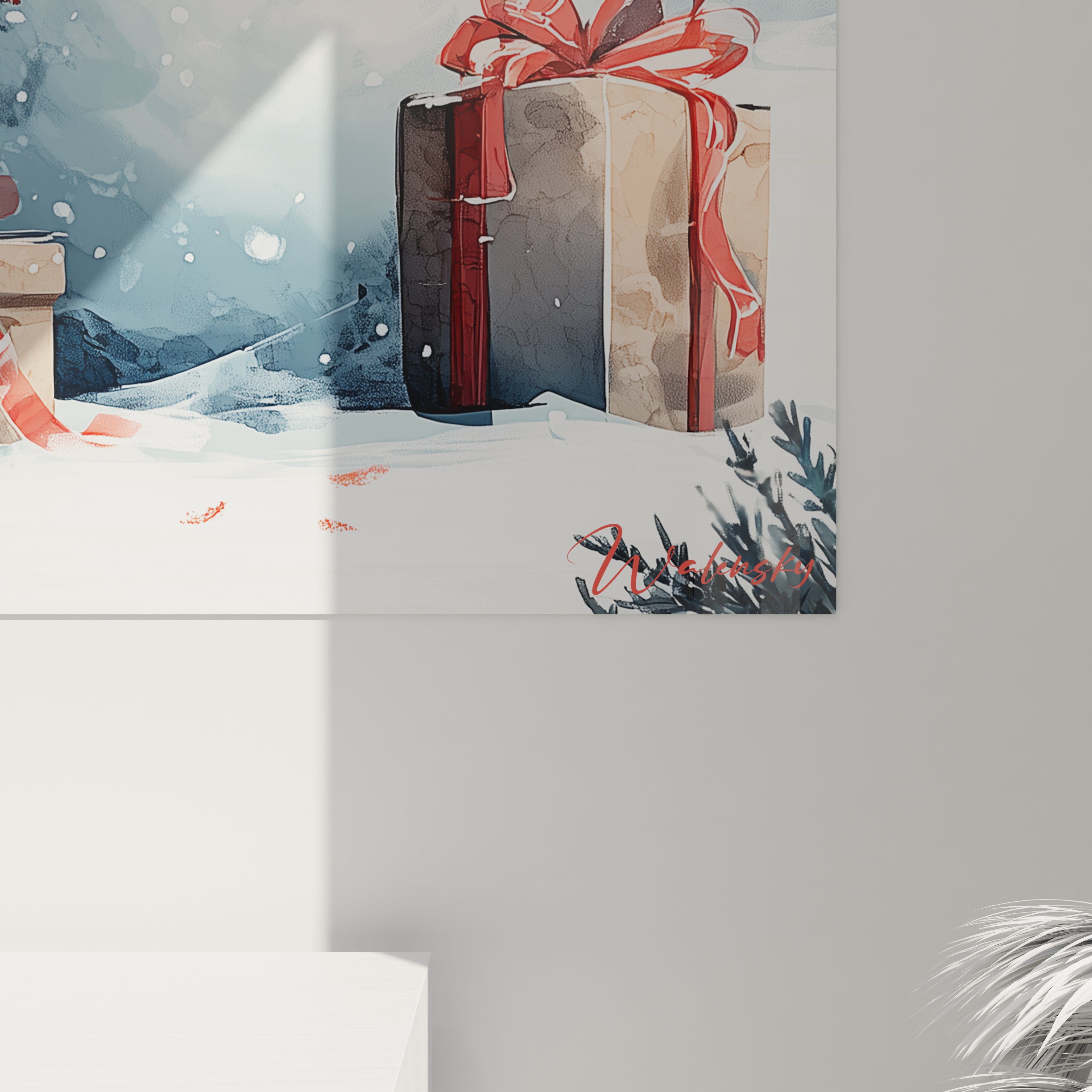 Tableau mural bonhomme de neige Noël avec des cadeaux dans un paysage hivernal enchanté