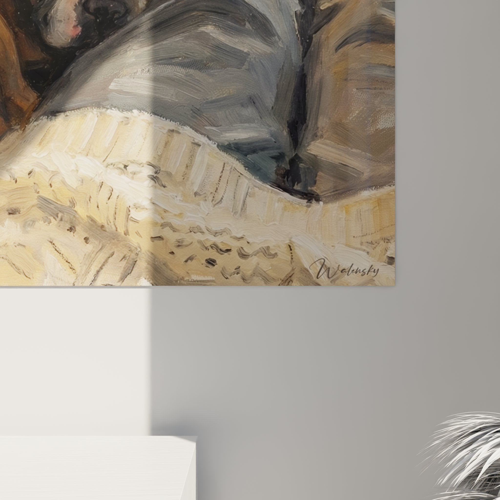 french bulldog sleeping wall art living room decoration warm beige tones canine artwork