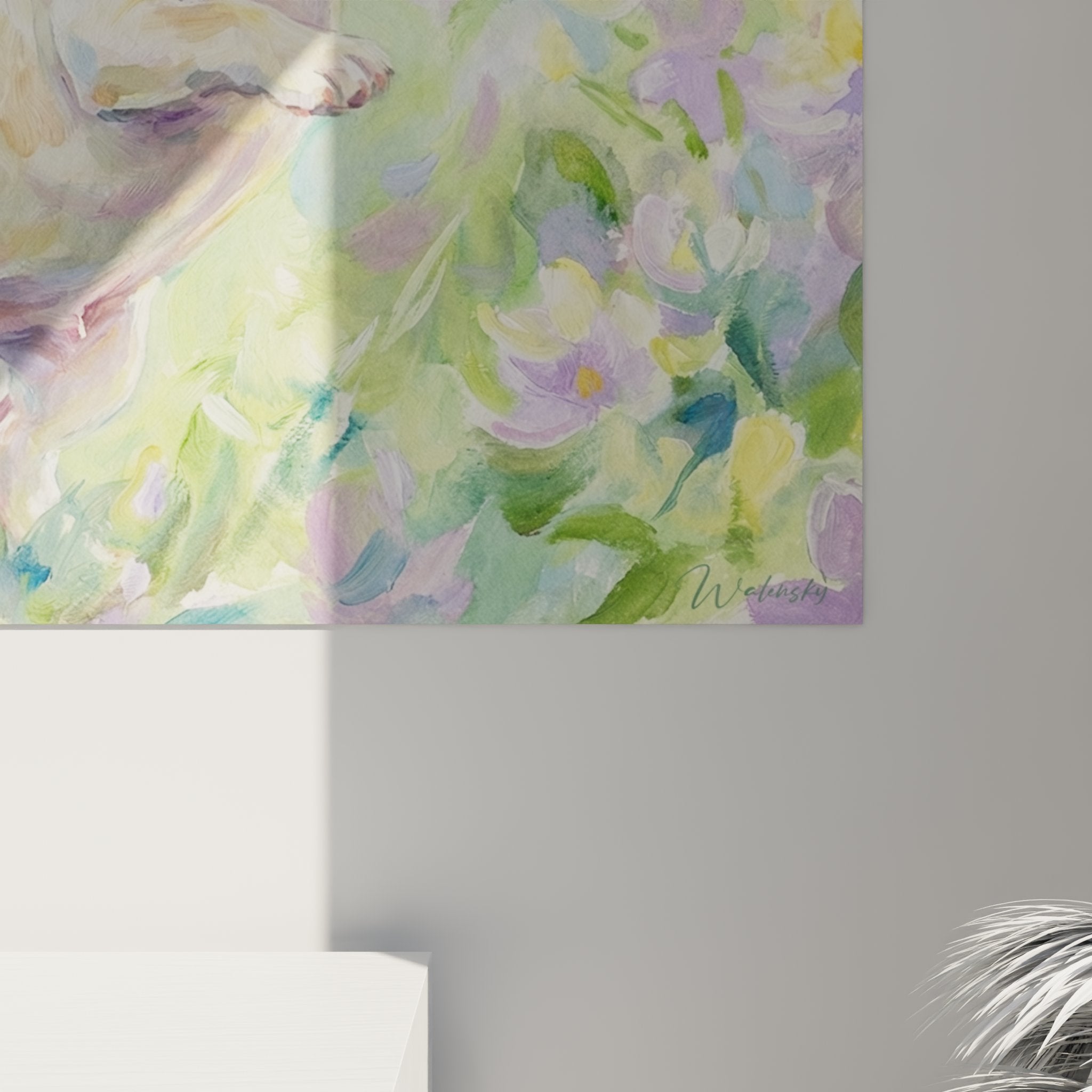 Wandkunst französische Bulldogge blumiger Garten Aquarellstil zarte Farben Dekoration