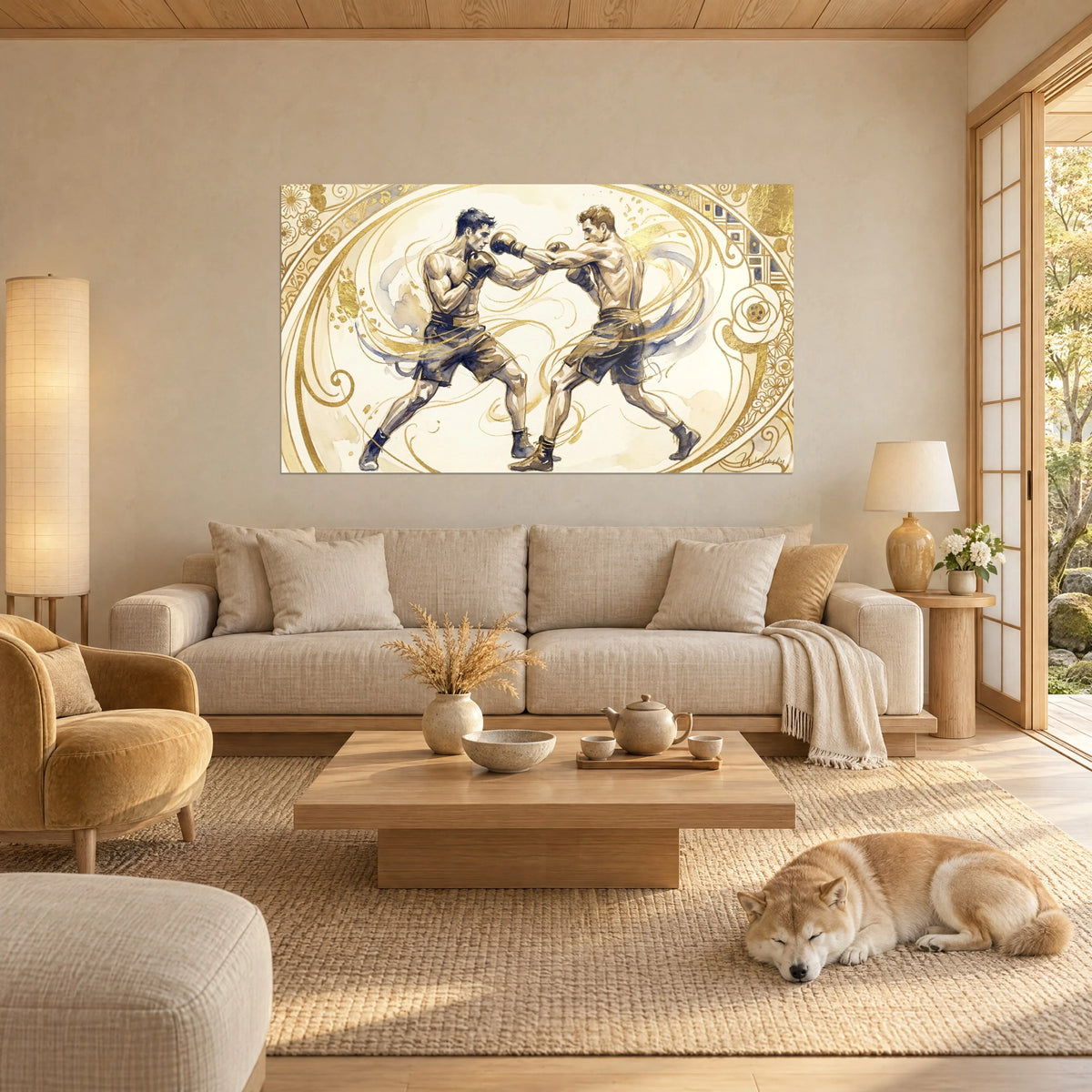 Quadro di un duello di pugilato in acquerello dorato, volute avorio e blu notte, Shiba addormentato, sopra un divano in un soggiorno luminoso