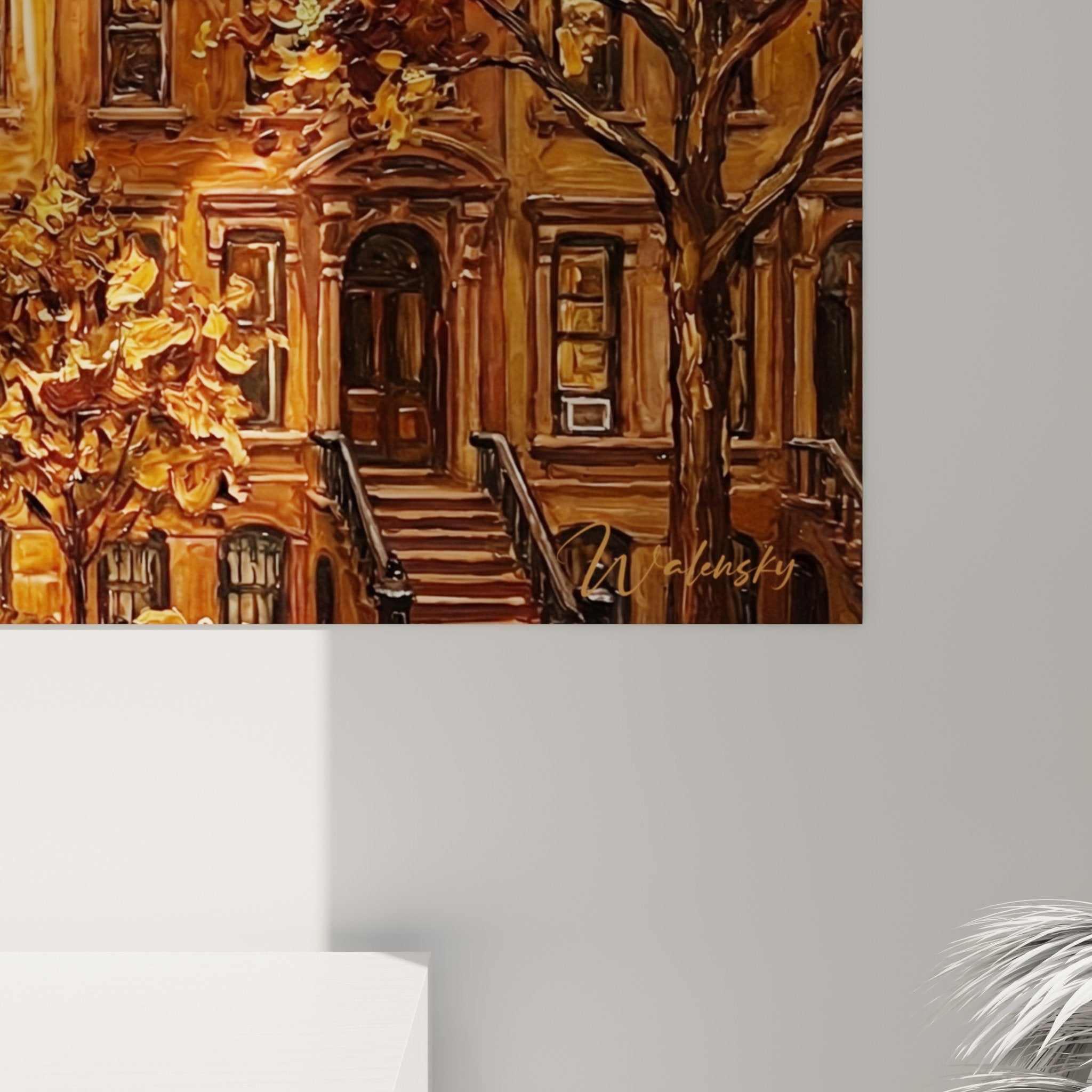tableau mural brooklyn maisons grès brun feuillage automne decoration interieur moderne