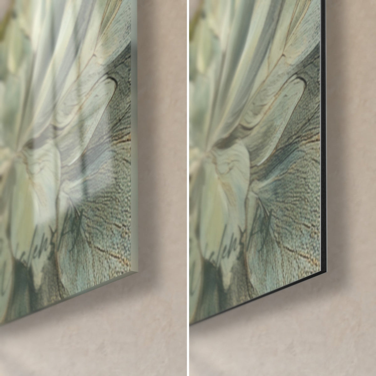 Gemälde Drahthaarterrier, untere rechte Ecke: salbeigrünes Blatt unter glänzendem Acryl mit Reflexen, rechts mattschwarzes Dibond-Aluminium, 3 mm Kante
