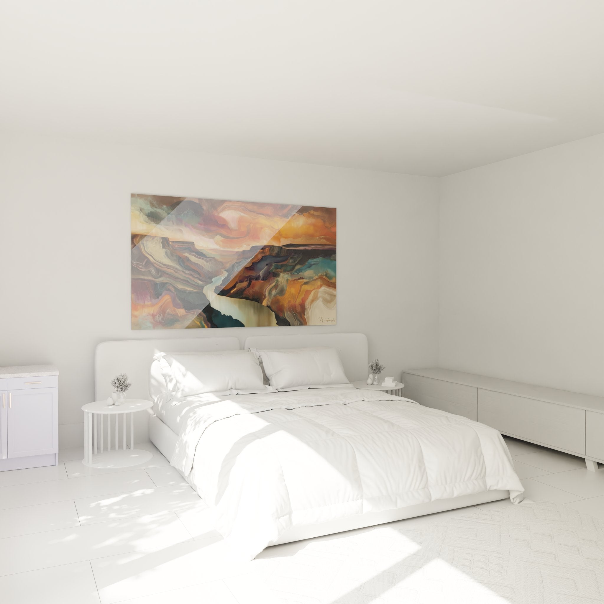 Tableau mural canyon abstrait décorant une chambre moderne avec formations géologiques artistiques